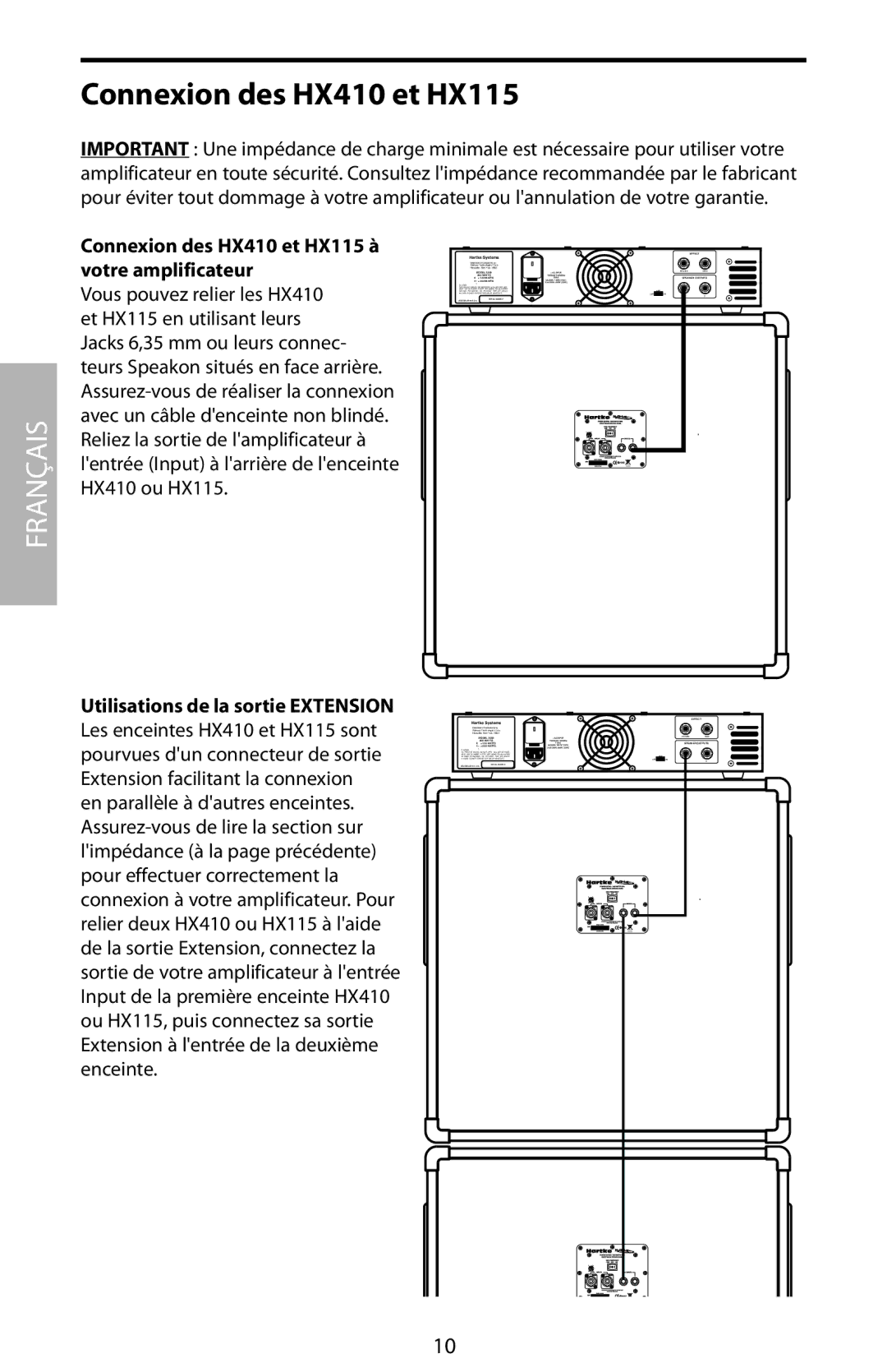 Samson HX810 manual Connexion des HX410 et HX115 à votre amplificateur, Utilisations de la sortie Extension 