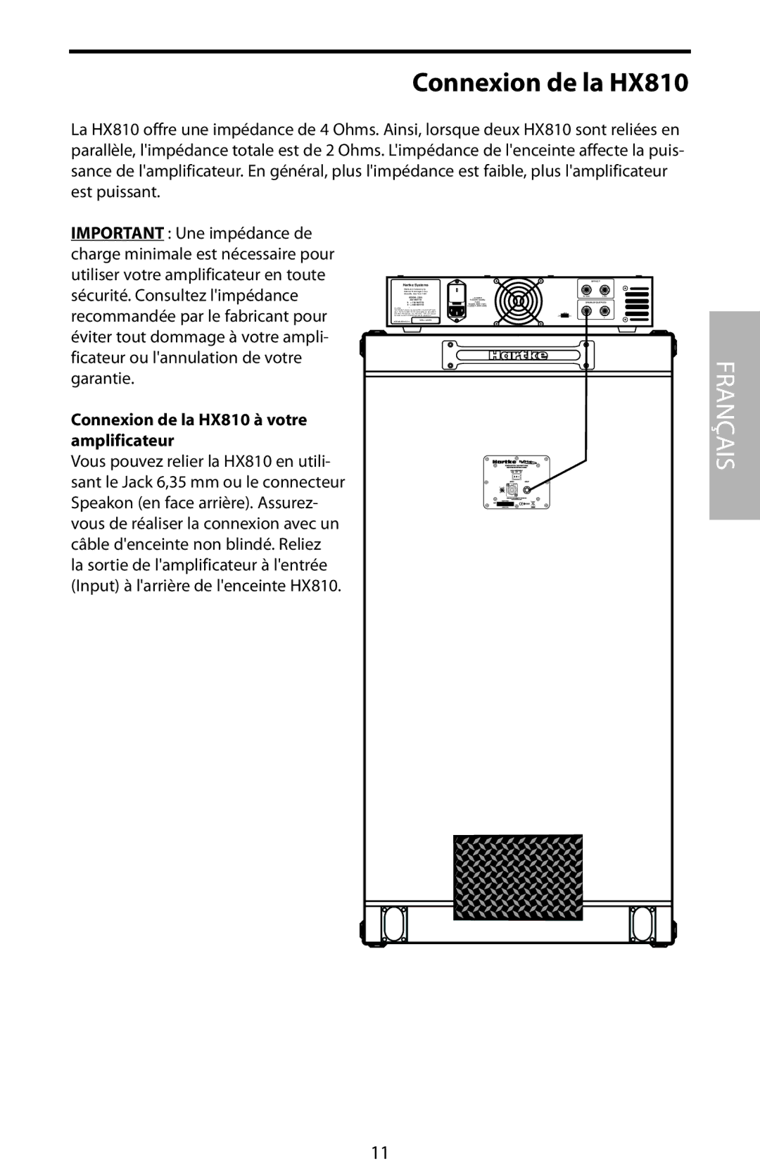 Samson HX410, HX115 manual Connexion de la HX810 à votre amplificateur 