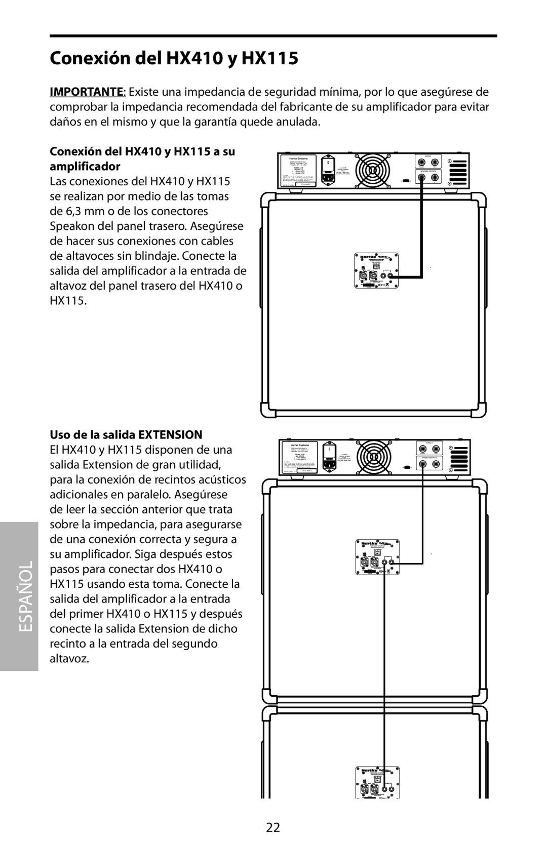 Samson HX810 manual Conexión del HX410 y HX115 a su amplificador, Uso de la salida Extension 