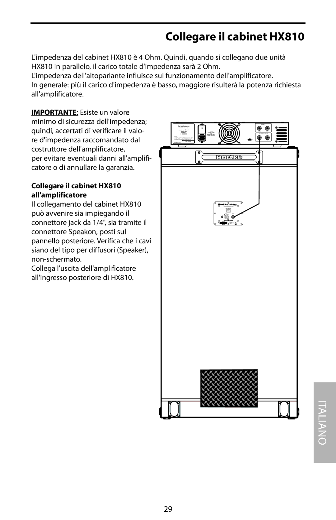 Samson HX410, HX115 manual Collegare il cabinet HX810 allamplificatore 