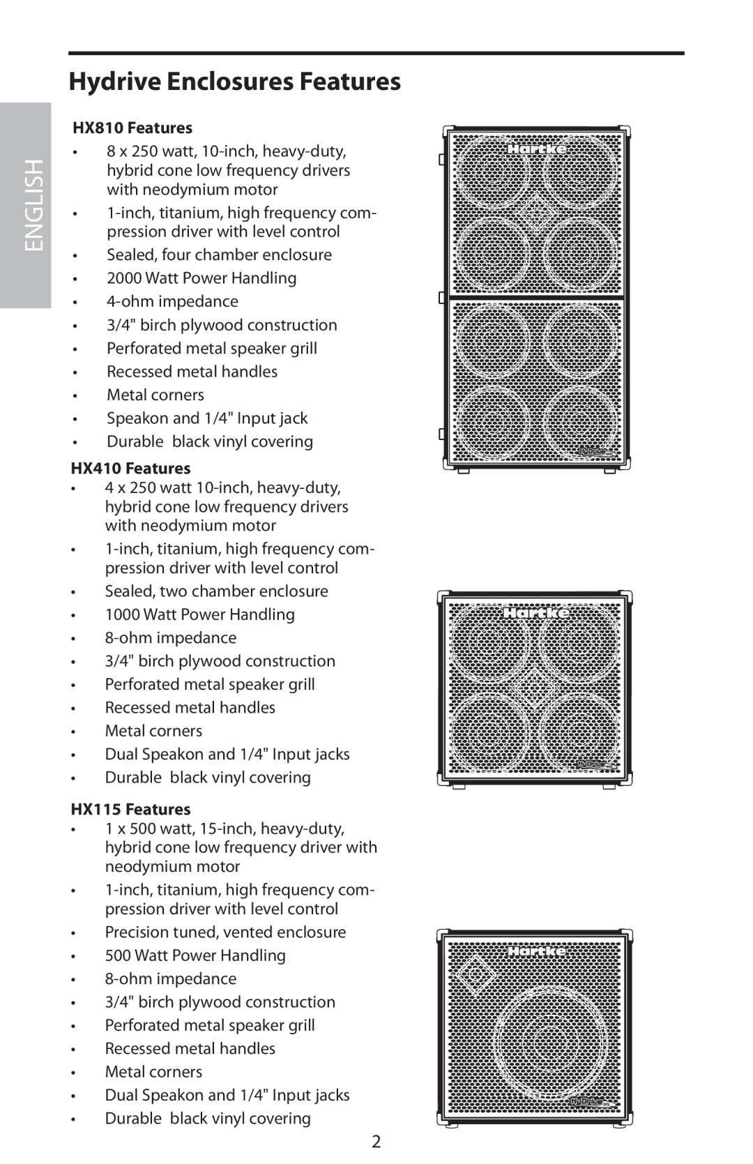 Samson manual Hydrive Enclosures Features, HX810 Features, HX410 Features, HX115 Features 