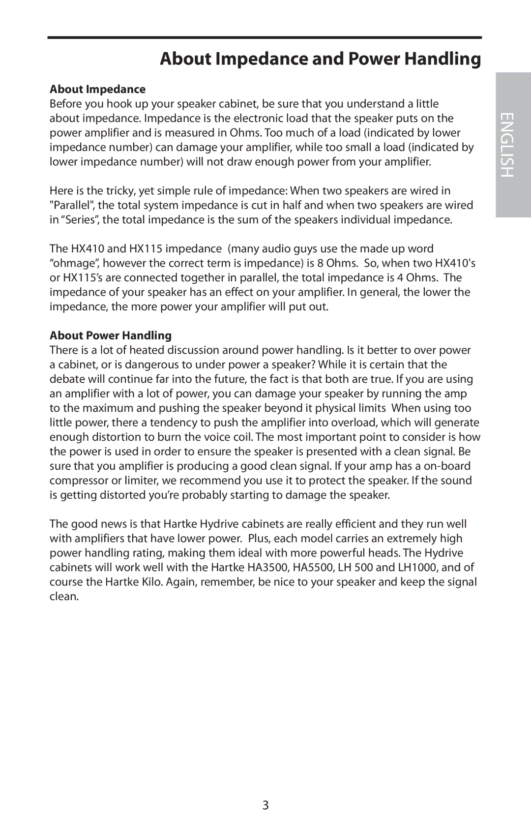 Samson HX410, HX810, HX115 manual About Impedance and Power Handling, About Power Handling 