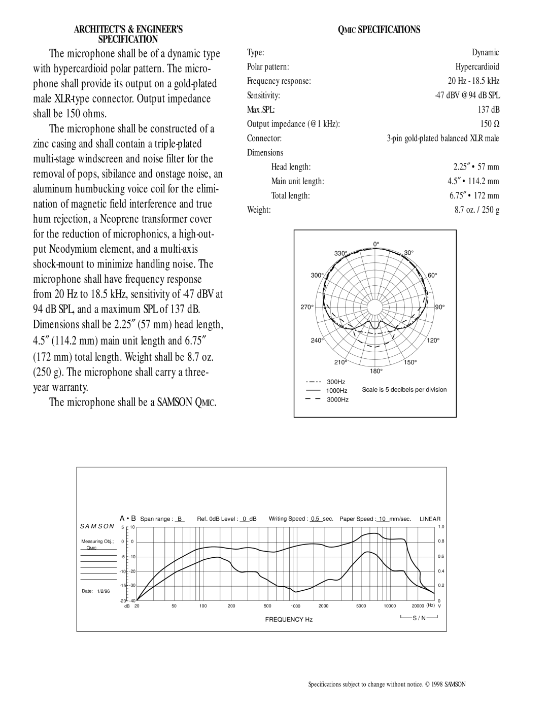 Samson Hypercardioid manual Microphone shall be a Samson Qmic, ARCHITECT’S & ENGINEER’S Specification, Qmic Specifications 