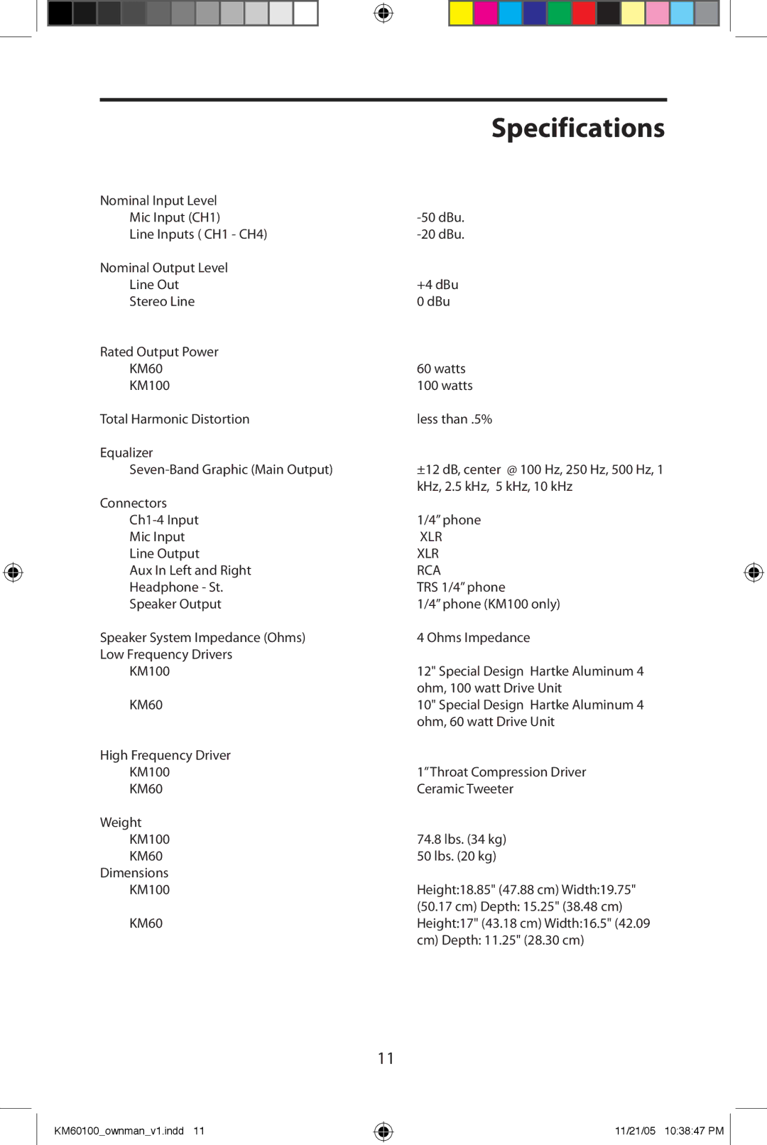 Samson 100, KM60 manual Specifications, Rca 