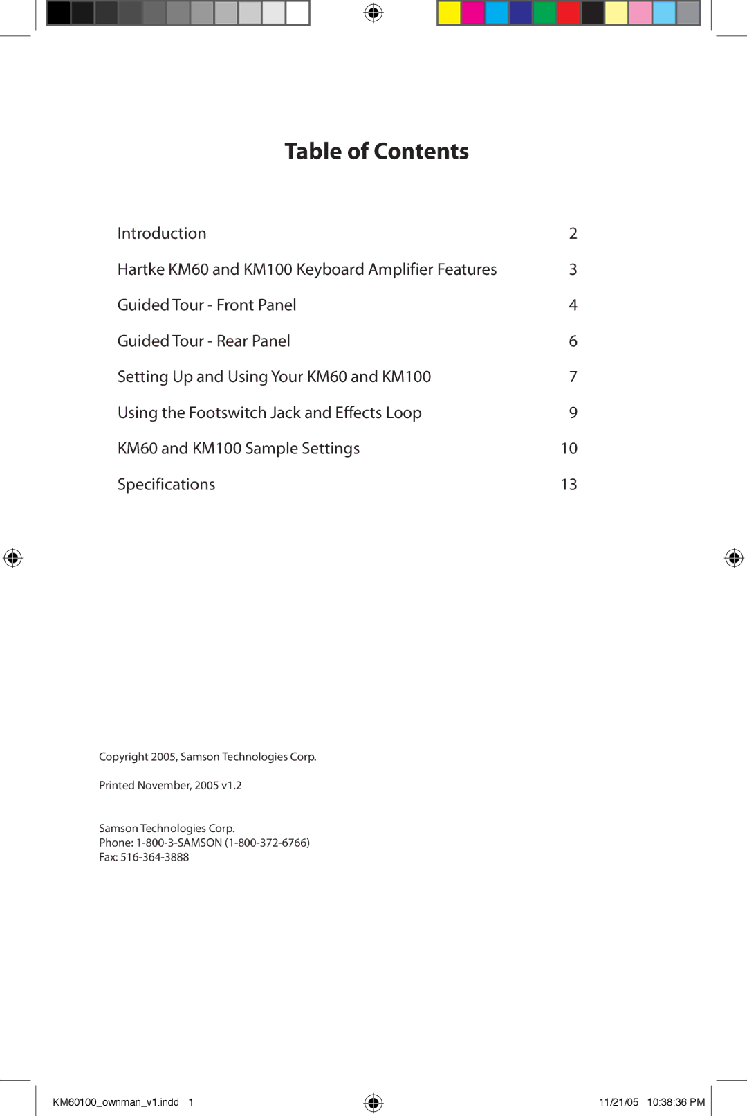 Samson 100, KM60 manual Table of Contents 