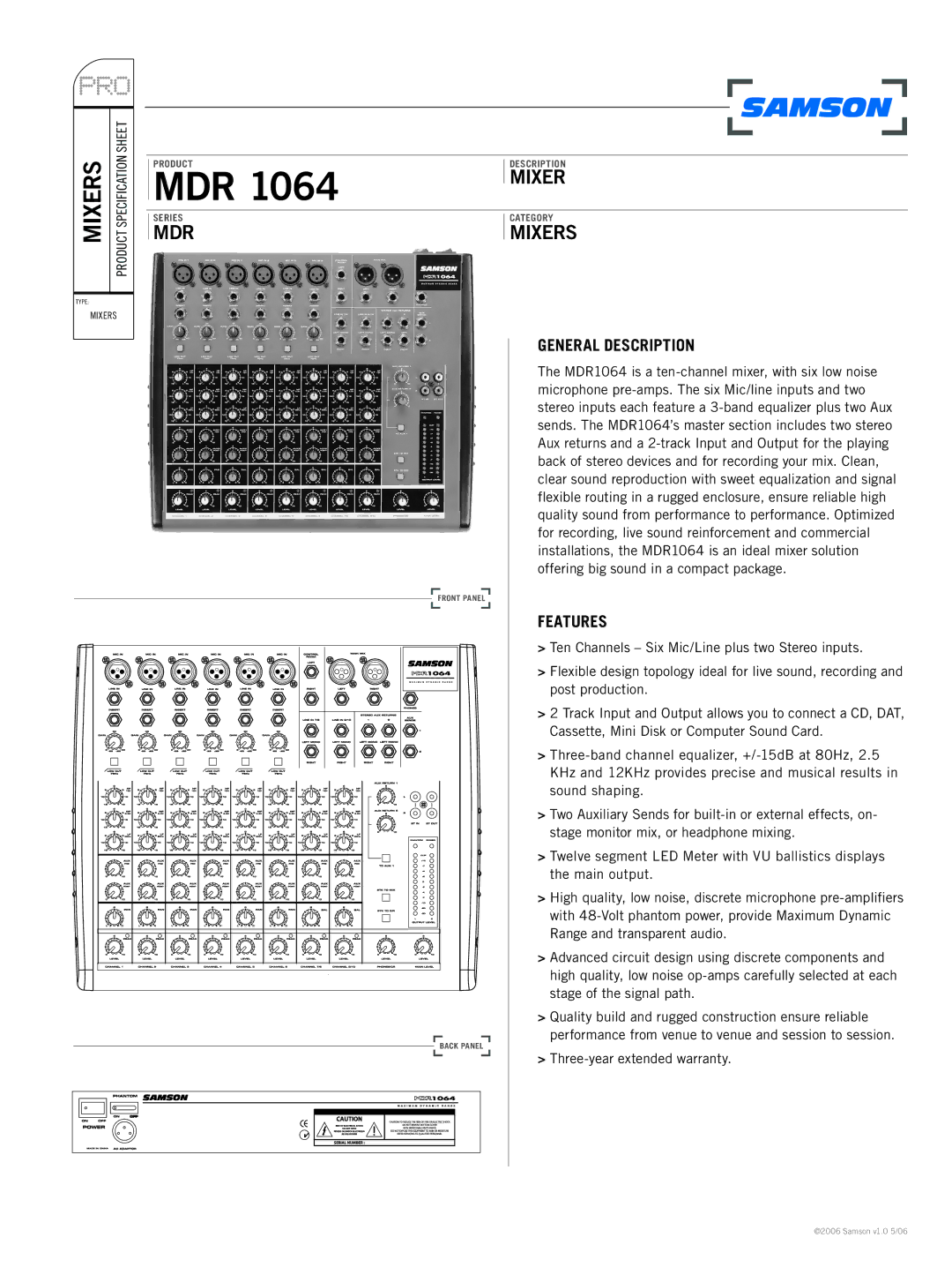 Samson MDR 1064 specifications General Description, Features 