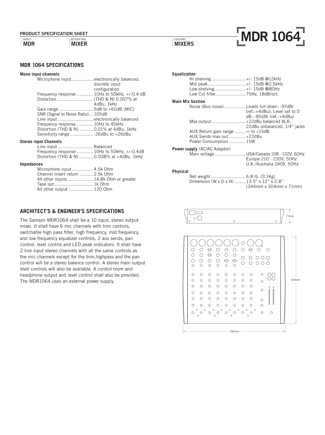 Samson specifications MDR 1064 Specifications, ARCHITECT’S & ENGINEER’S Specifications 