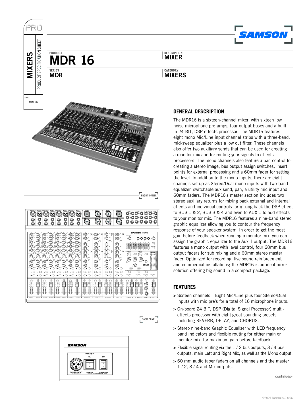 Samson MDR 16 specifications Mdr, Mixers 