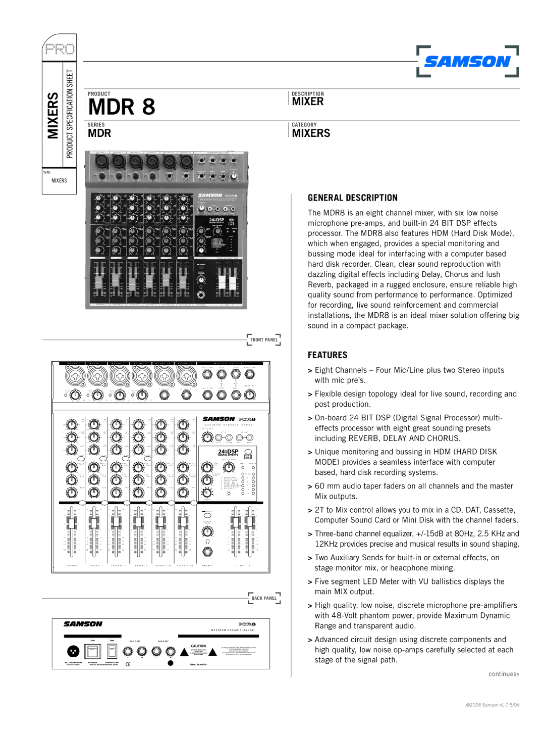 Samson MDR series specifications General Description, Features, Front Panel, Back Panel 