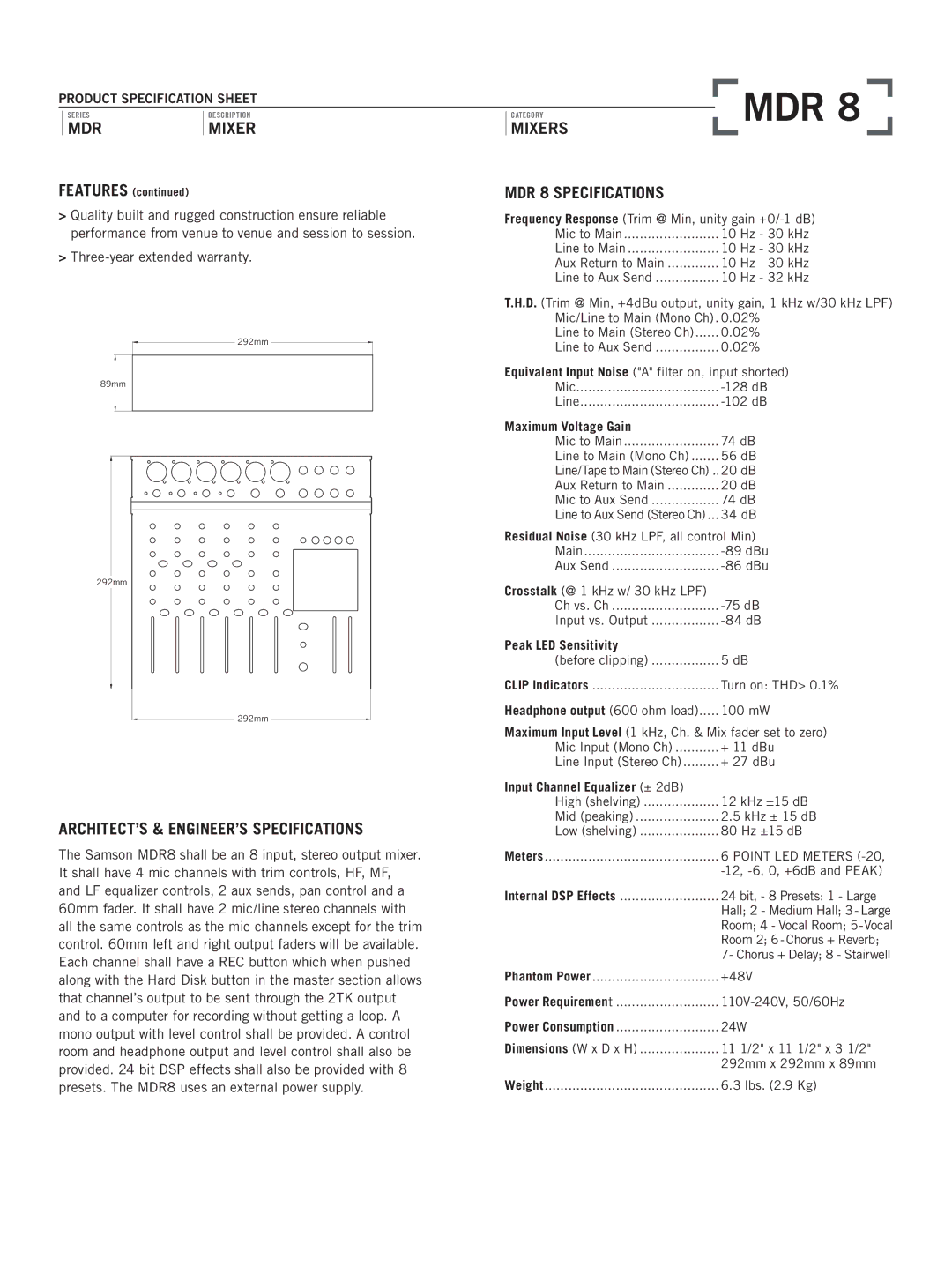 Samson MDR series specifications ARCHITECT’S & ENGINEER’S Specifications, MDR 8 Specifications, Maximum Voltage Gain 