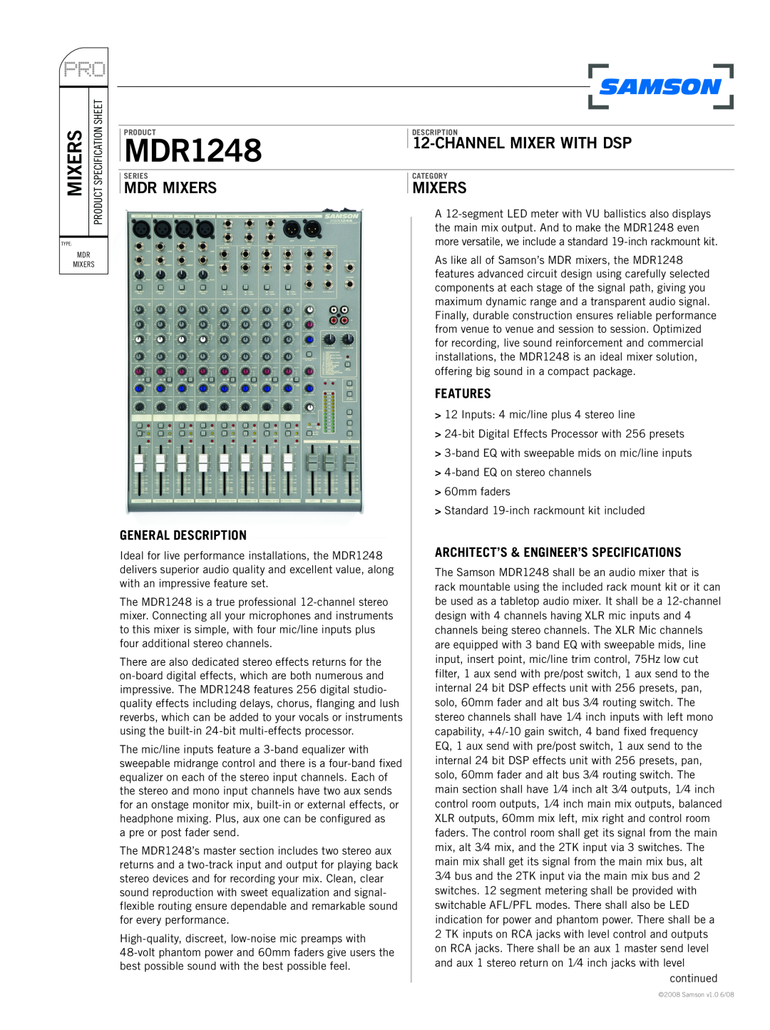 Samson MDR1248 specifications General Description, Features, Architect’S & Engineer’S Specifications, Mdr Mixers 
