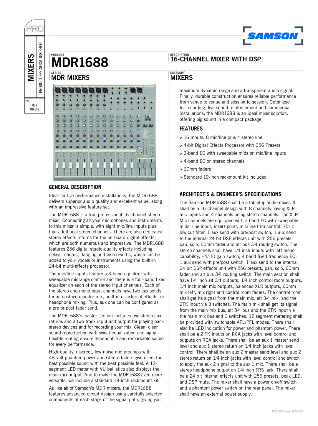 Samson MDR1688 specifications General Description, Features, ARCHITECT’S & ENGINEER’S Specifications 