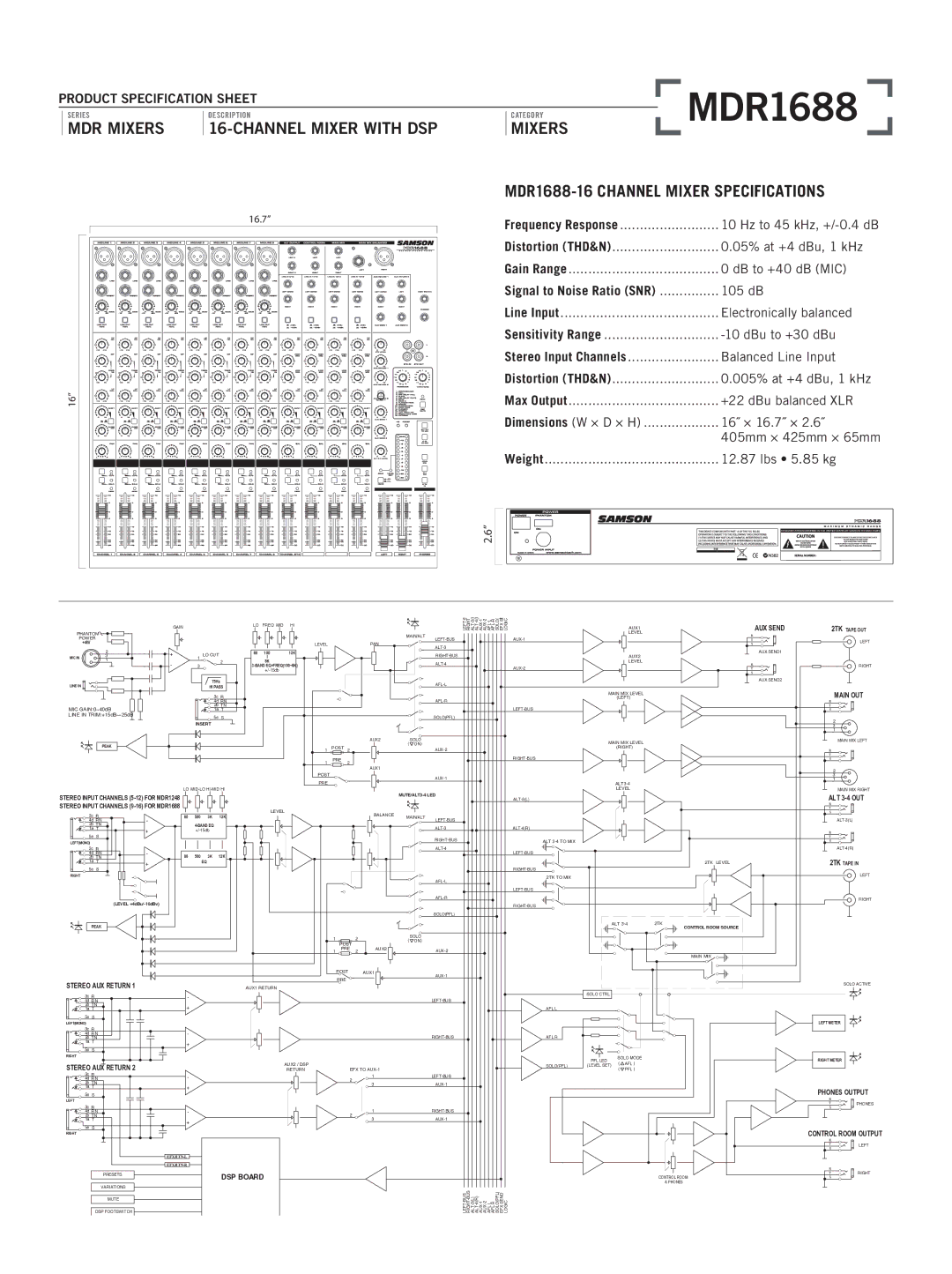 Samson MDR1688 specifications AUX Send, Main OUT, ALT 3-4 OUT, Stereo AUX Return, Phones Output, DSP Board 