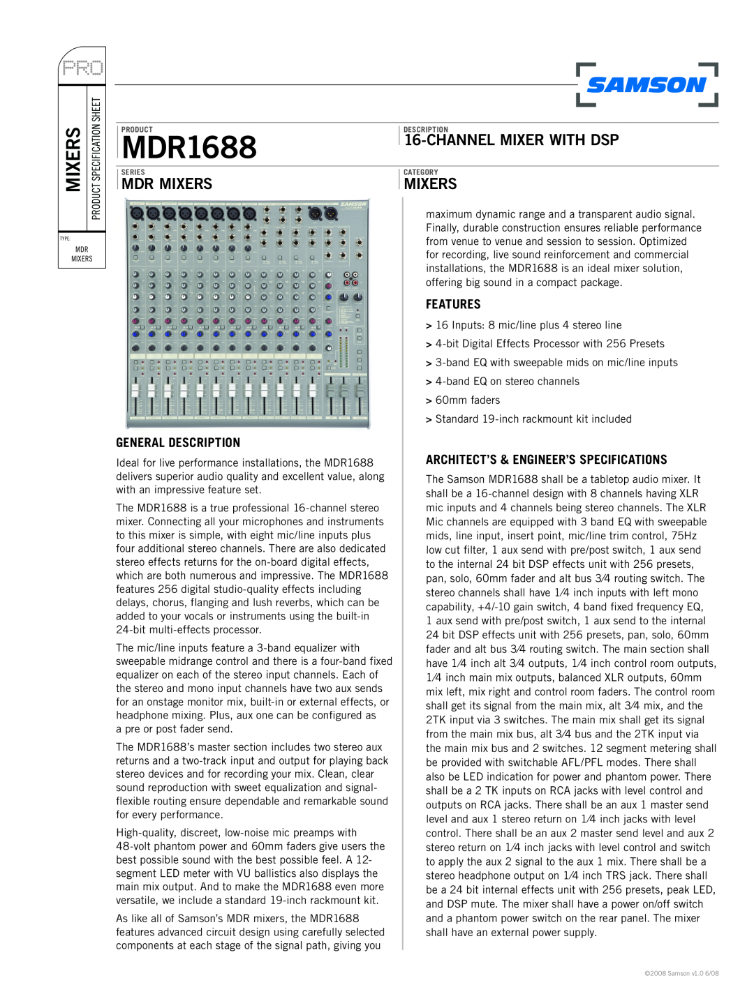 Samson MDR1688 specifications General Description, Features, Architect’S & Engineer’S Specifications, Mdr Mixers 