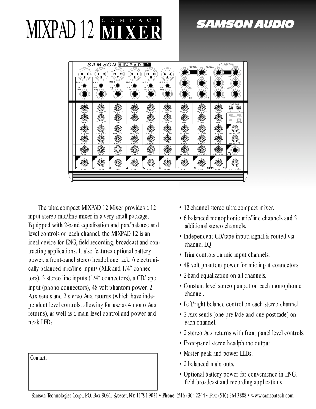 Samson Mixpad 12 manual Left/right balance control on each stereo channel 