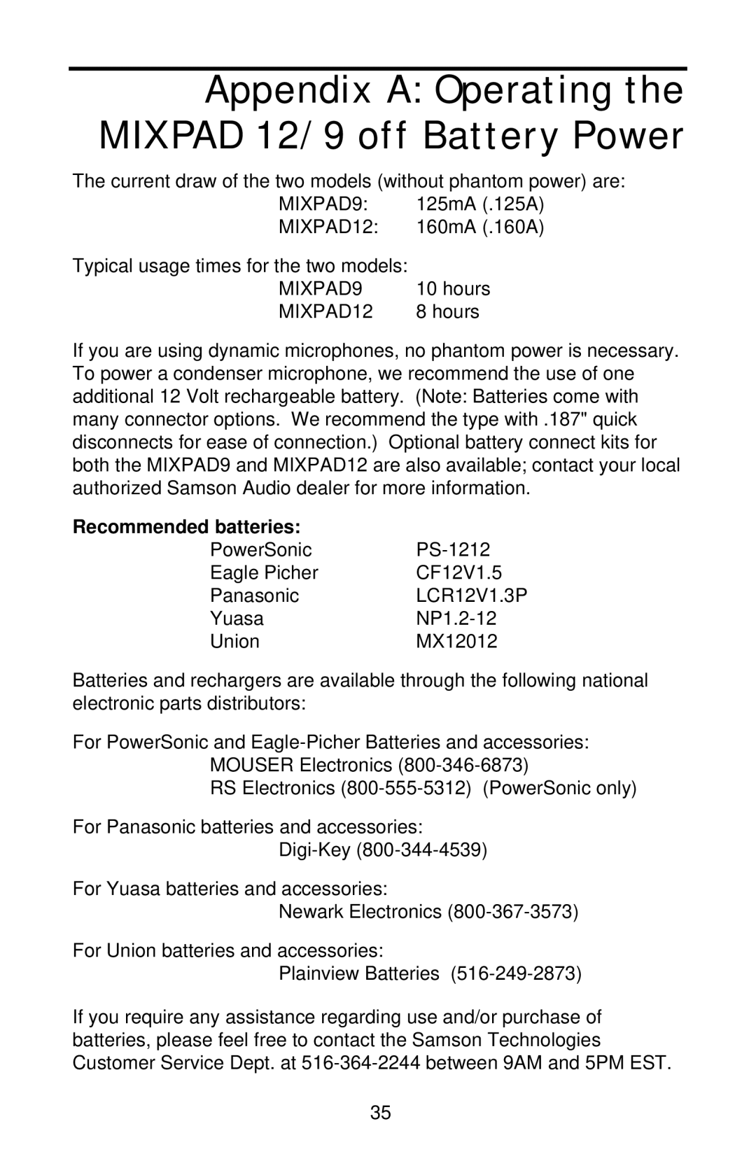 Samson MIXPAD manual Appendix a Operating the Mixpad 12/9 off Battery Power 