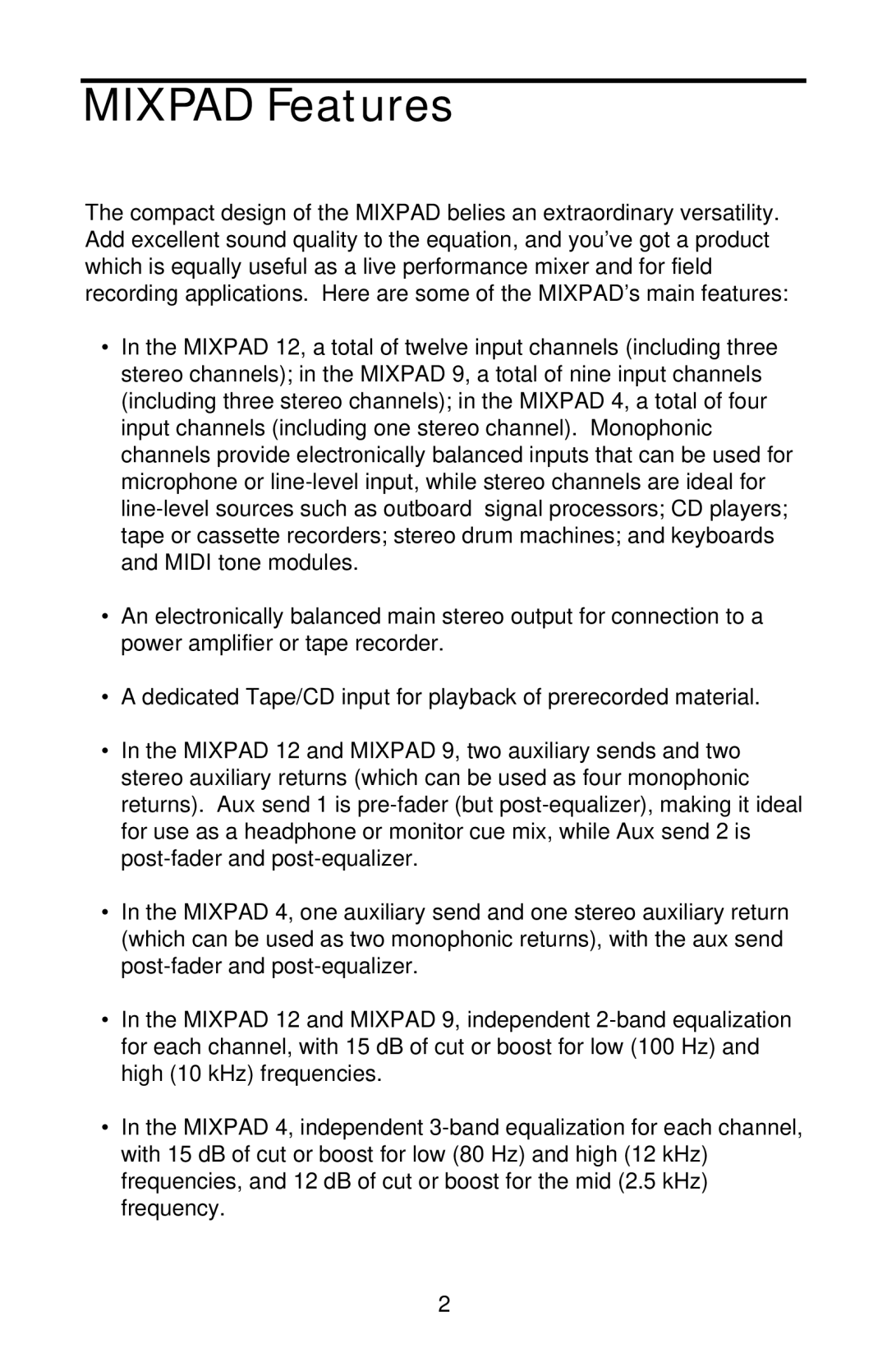 Samson MIXPAD manual Mixpad Features 