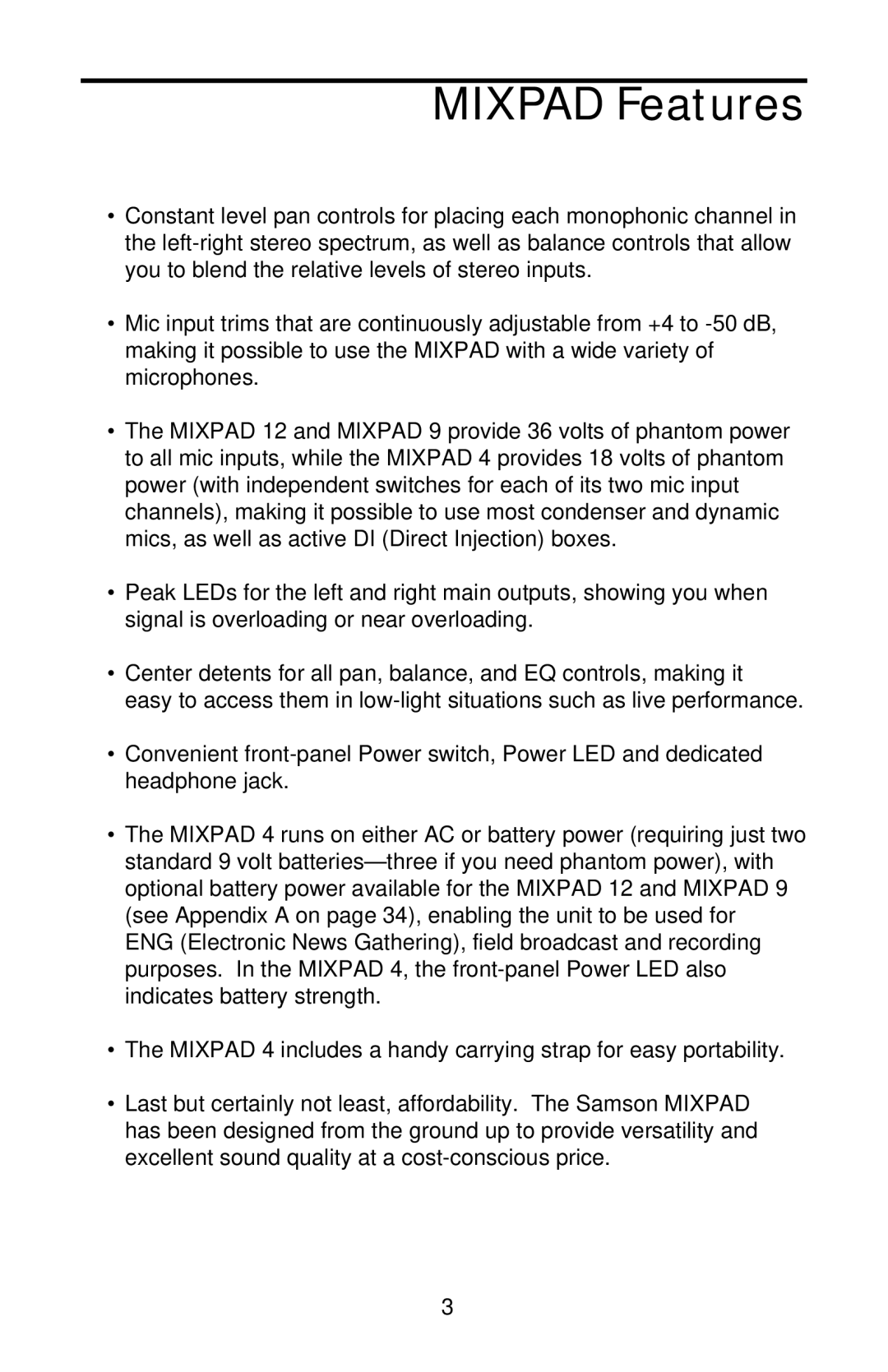 Samson MIXPAD manual Mixpad Features 