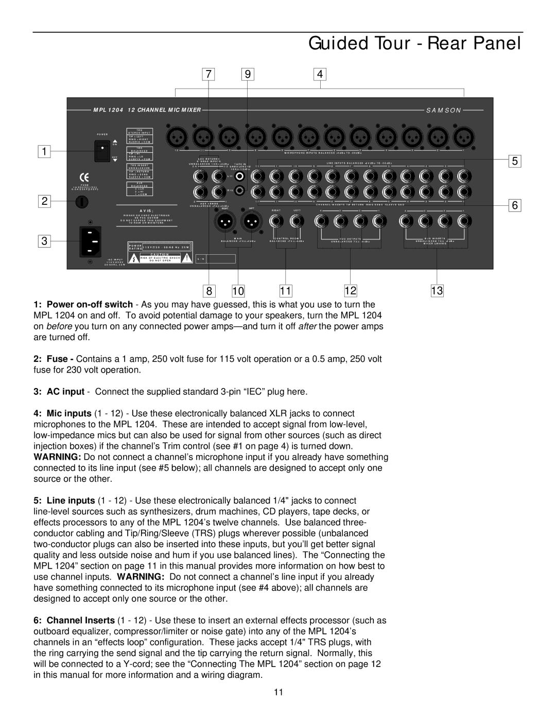 Samson MPL 1204 manual Guided Tour Rear Panel 