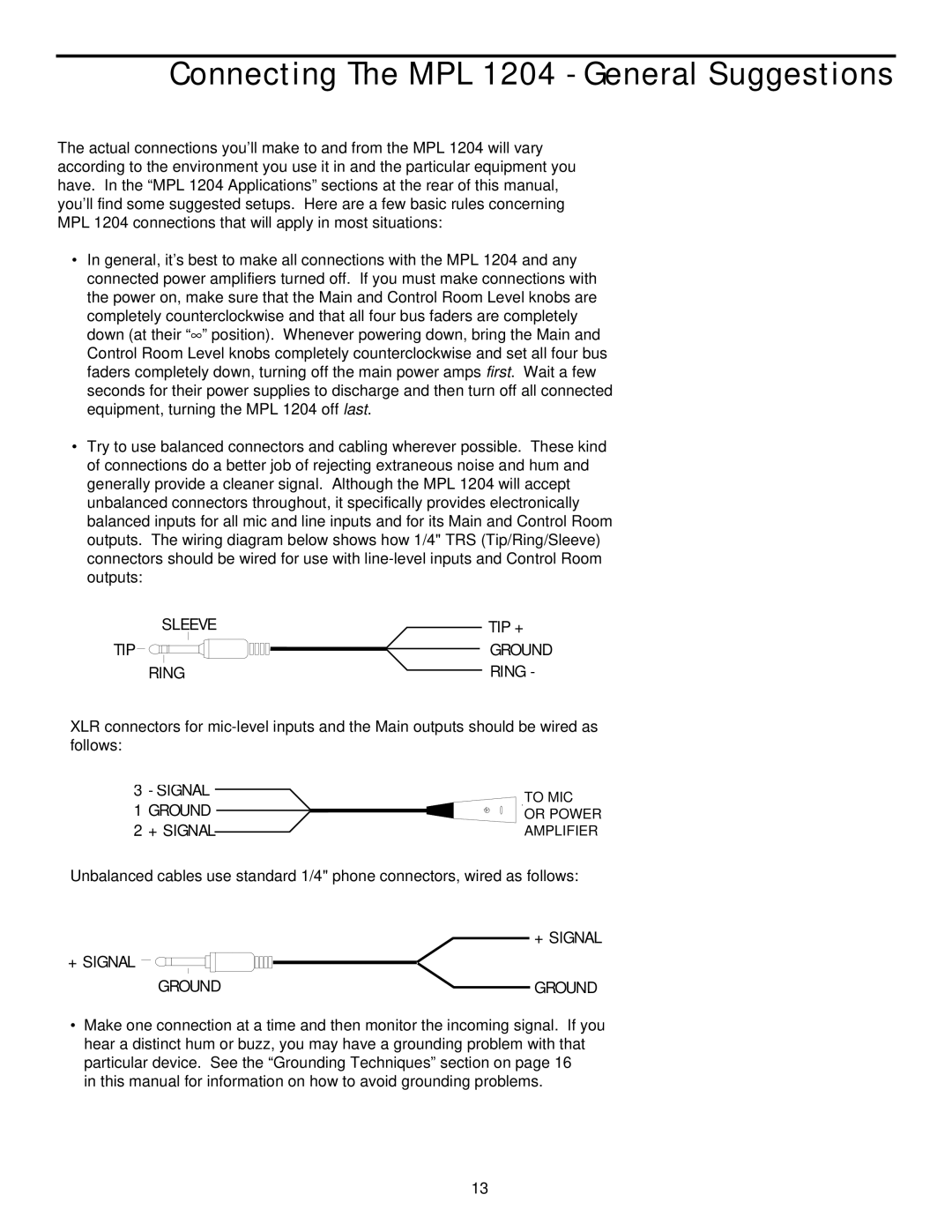 Samson manual Connecting The MPL 1204 General Suggestions, + Signal Ground 