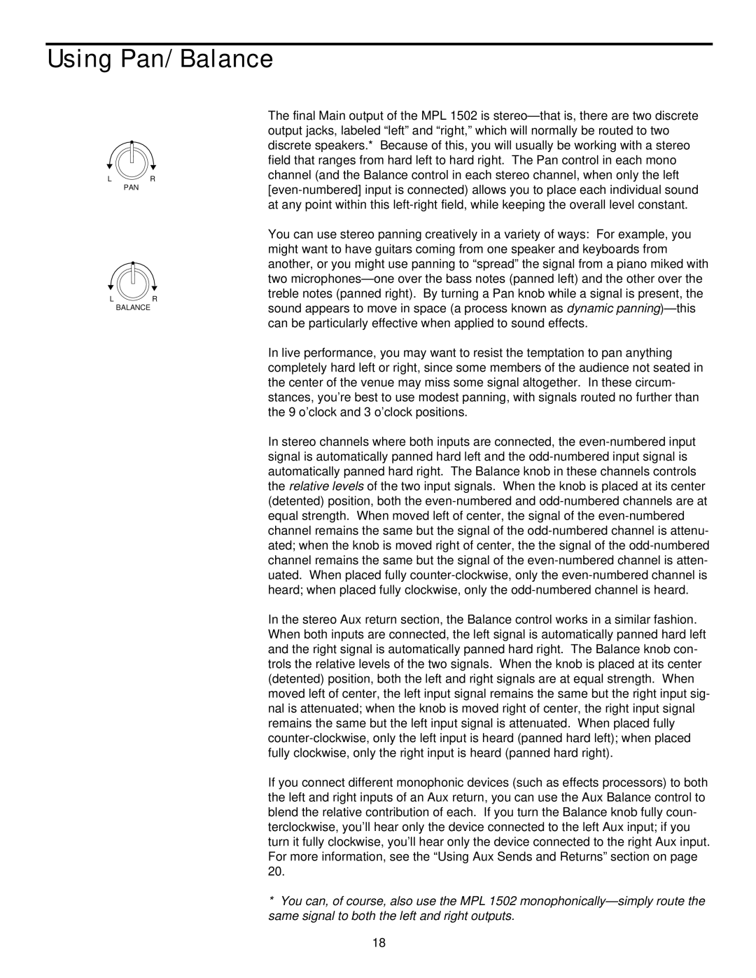 Samson MPL 1502 manual Using Pan/Balance 