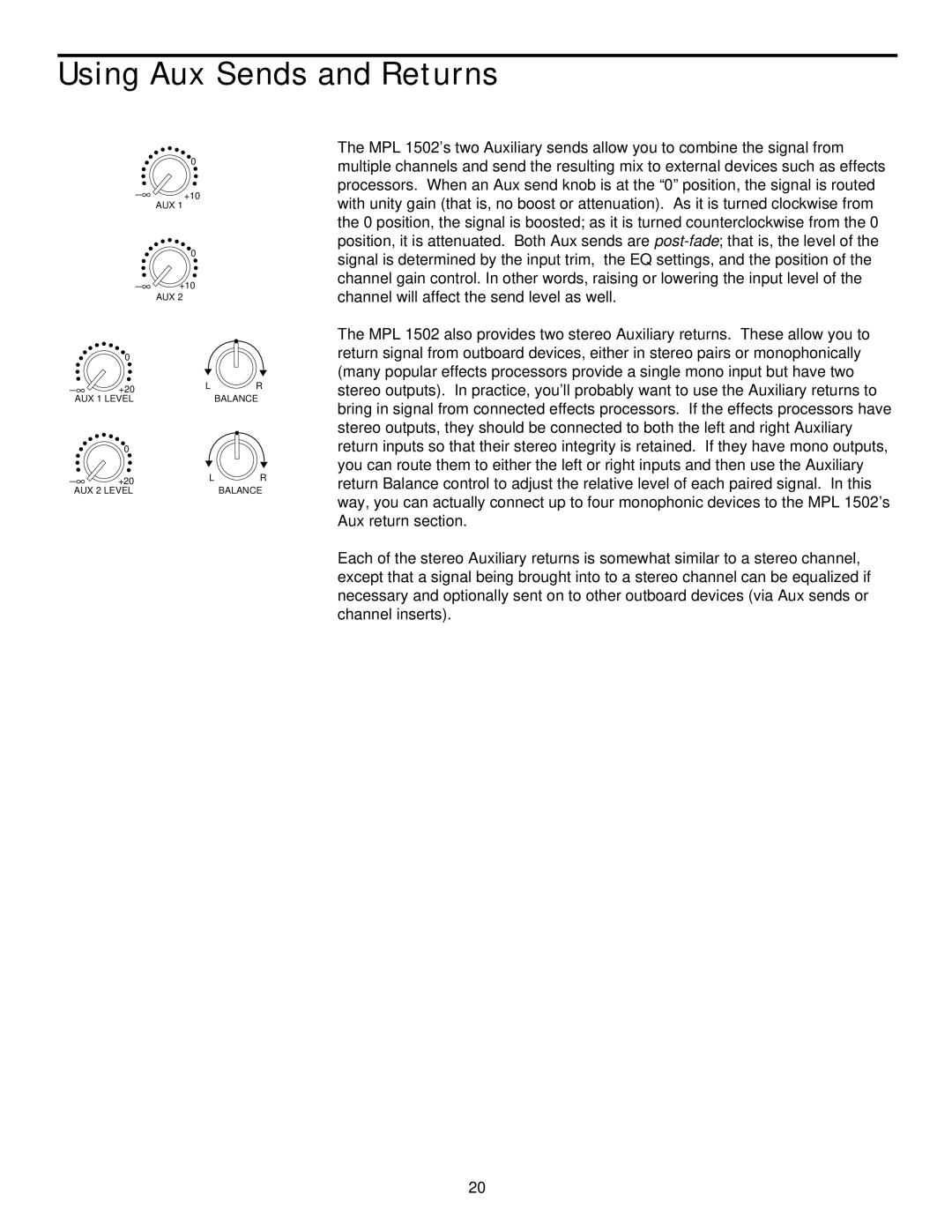 Samson MPL 1502 manual Using Aux Sends and Returns 