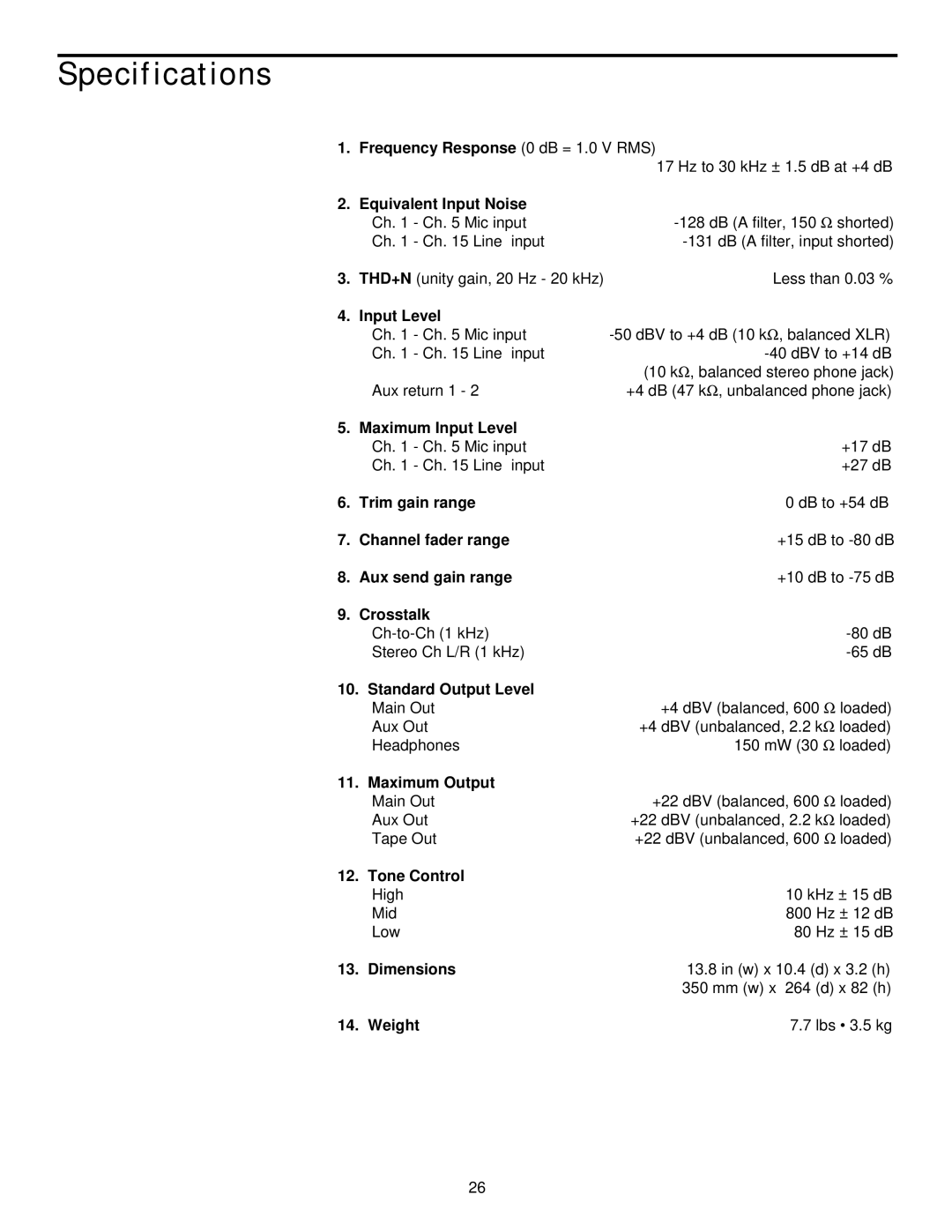 Samson MPL 1502 manual Specifications, Equivalent Input Noise 