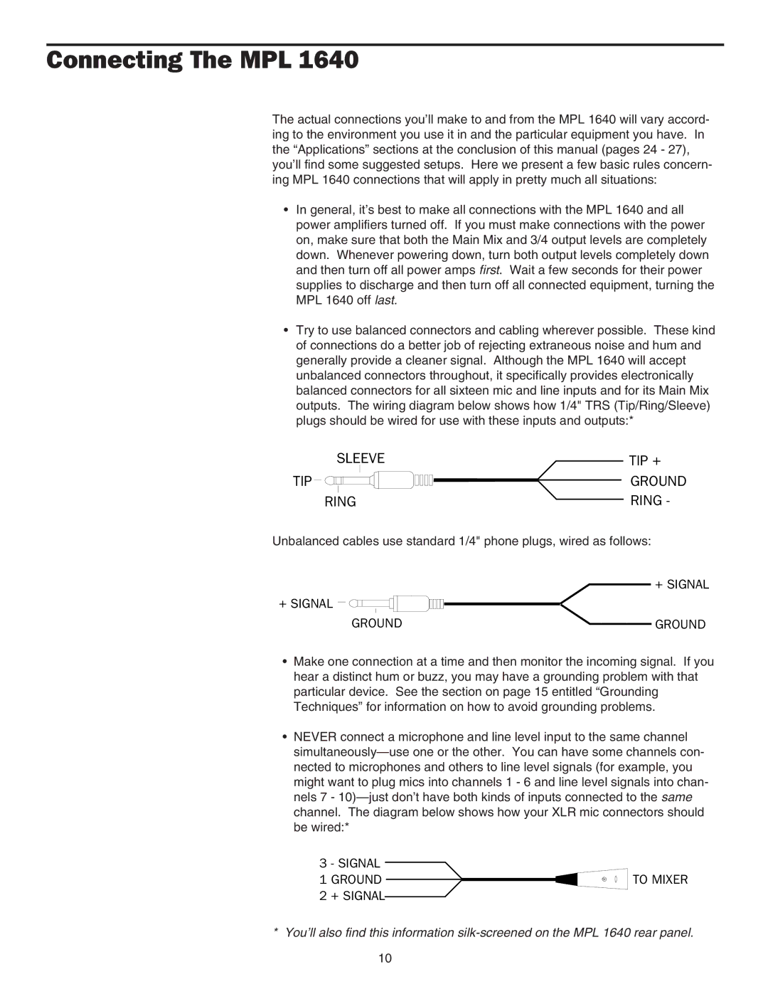 Samson MPL 1640 manual Connecting The MPL, Sleeve TIP Ring TIP + Ground Ring 