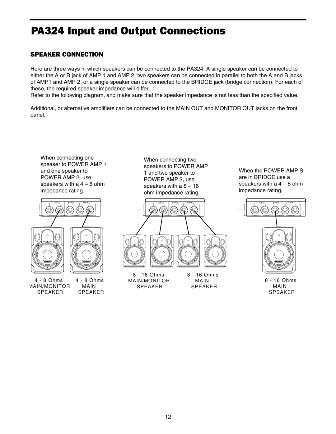 Samson PA324 owner manual Speaker Connection 