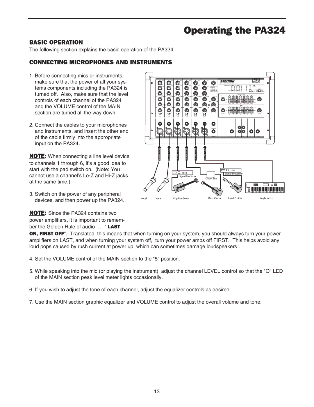 Samson owner manual Operating the PA324, Basic Operation, Connecting Microphones and Instruments 