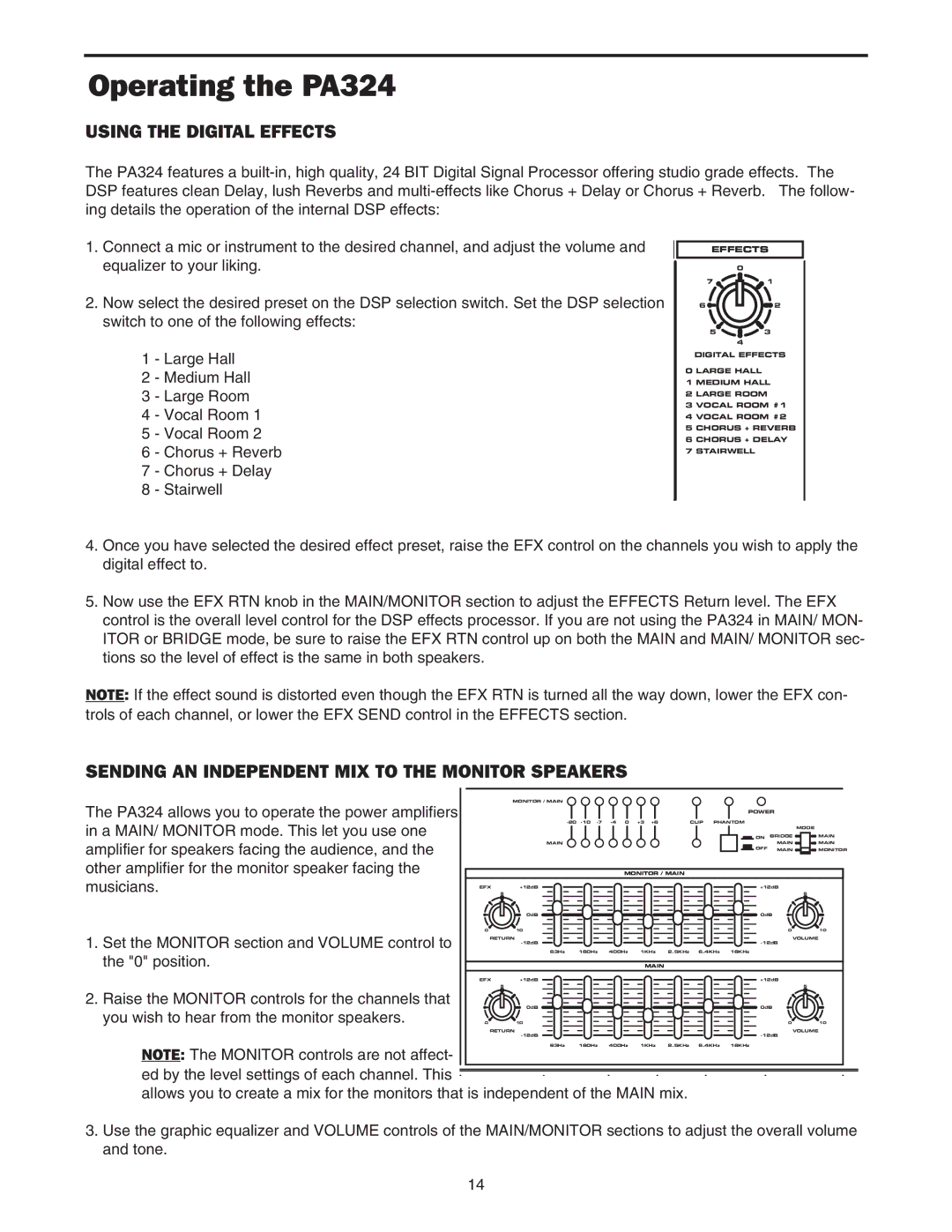 Samson PA324 owner manual Using the Digital Effects, Sending AN Independent MIX to the Monitor Speakers 