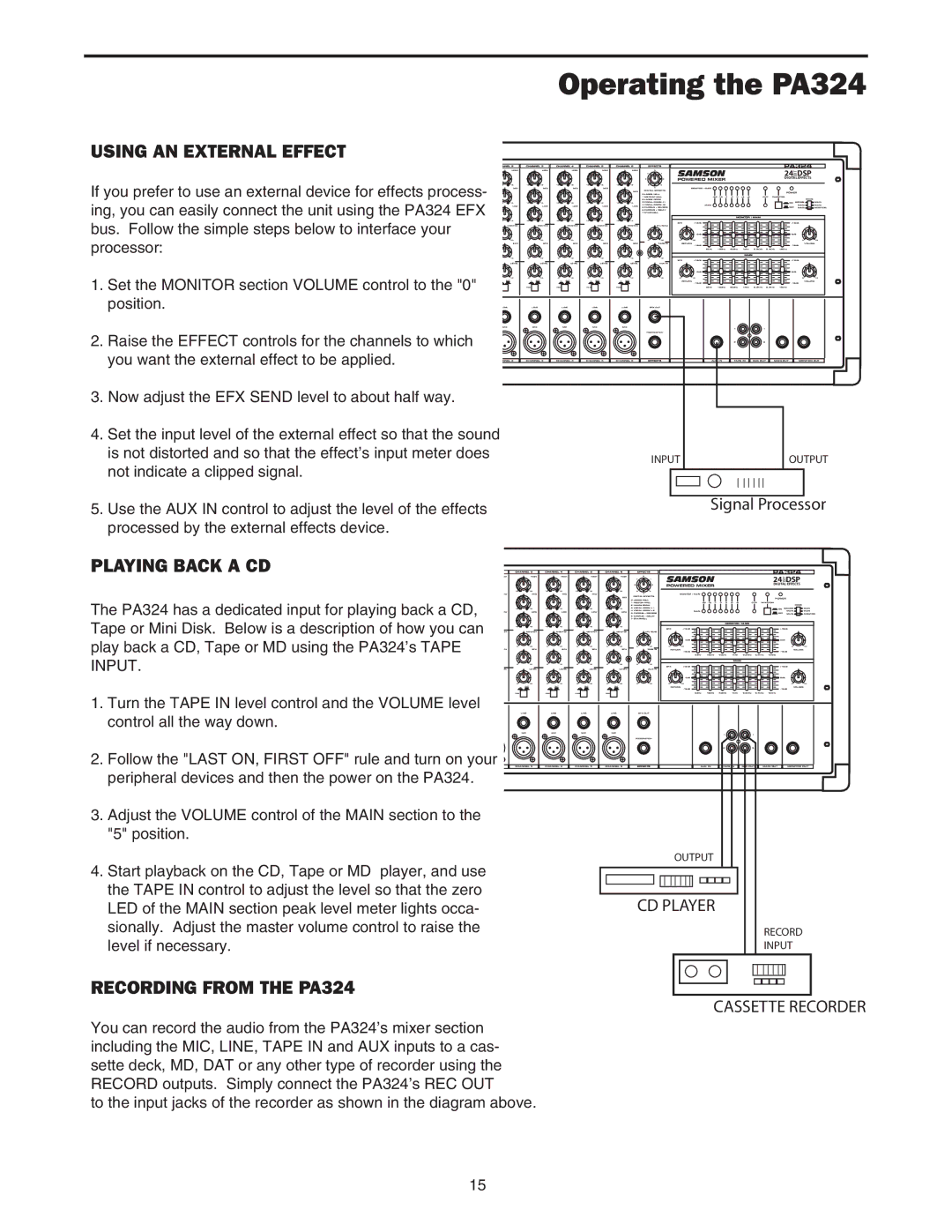 Samson owner manual Using AN External Effect, Playing Back a CD, Recording from the PA324 