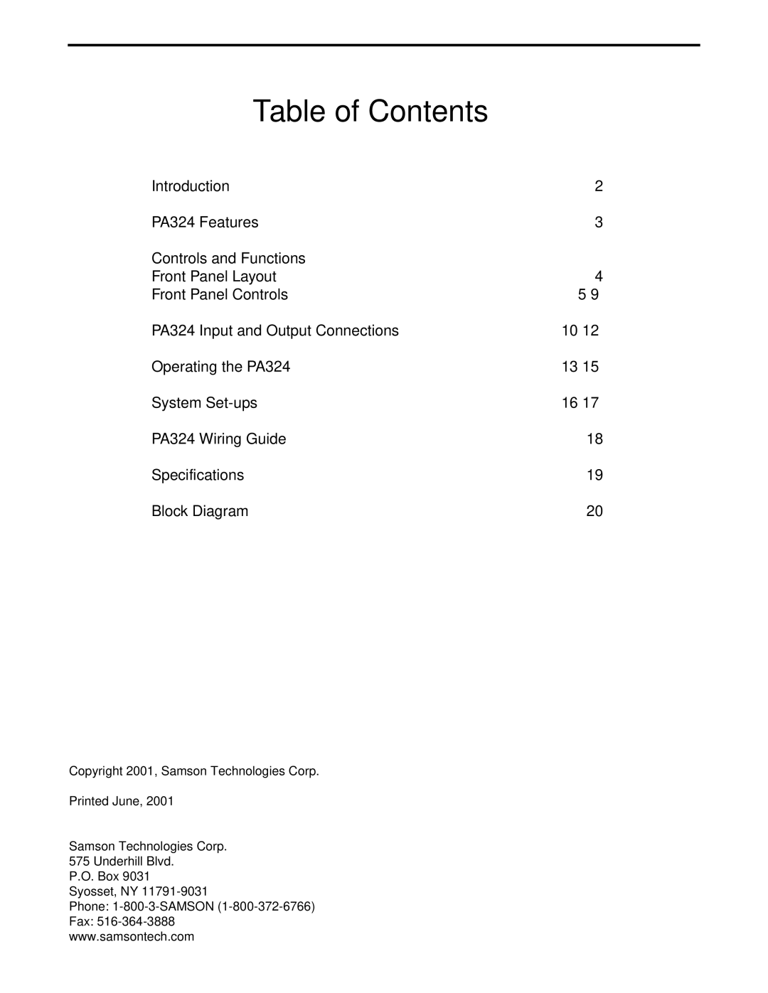 Samson PA324 owner manual Table of Contents 