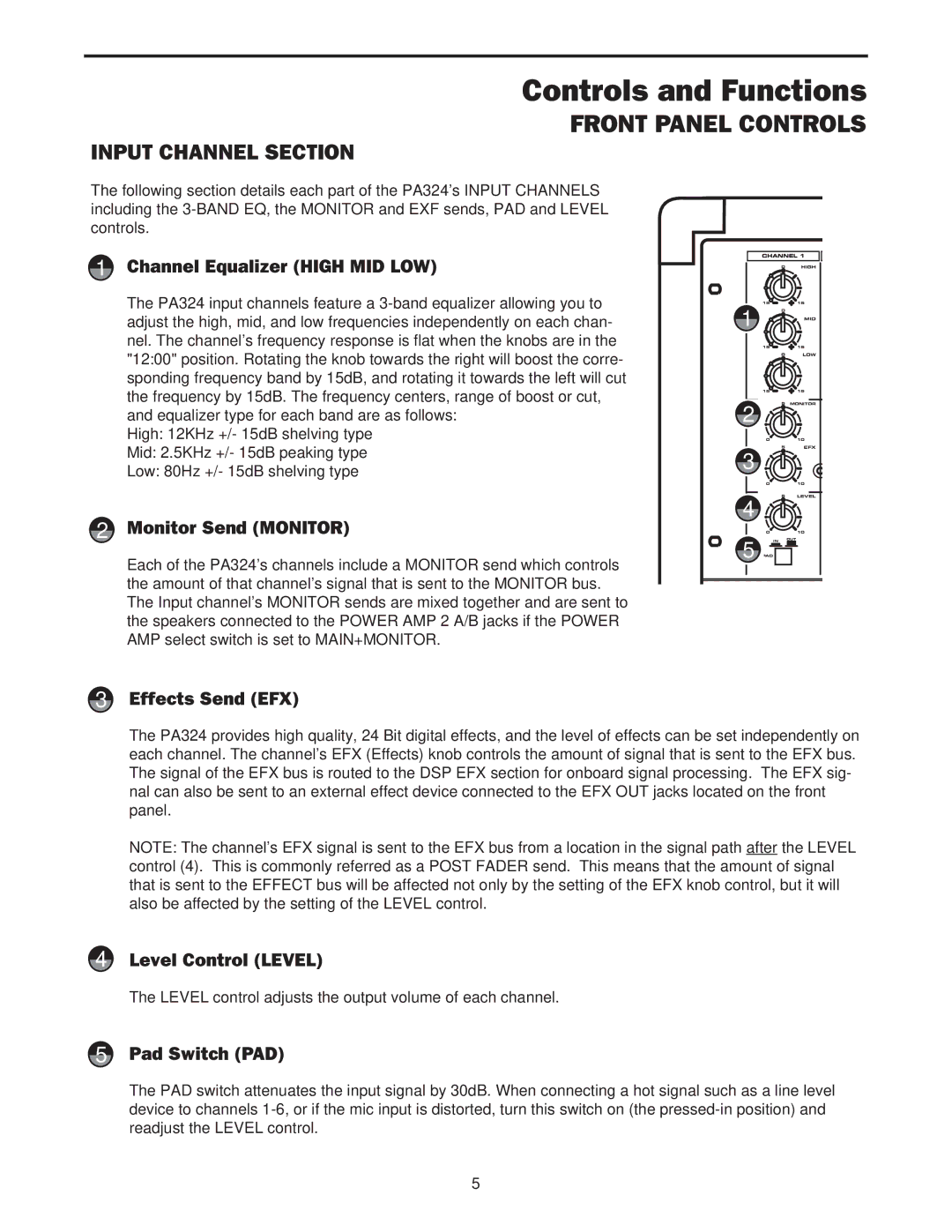 Samson PA324 owner manual Controls and Functions, Input Channel Section 