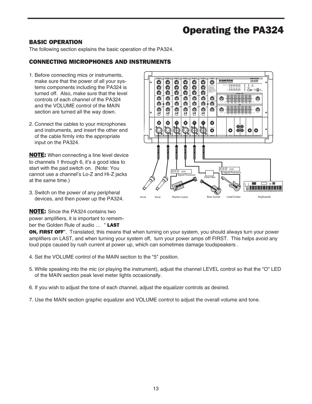 Samson owner manual Operating the PA324, Basic Operation, Connecting Microphones And Instruments 