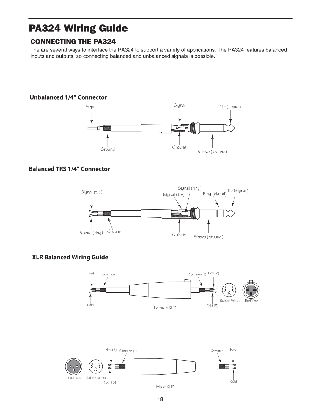 Samson owner manual PA324 Wiring Guide, CONNECTING THE PA324, Unbalanced 1/4” Connector, Balanced TRS 1/4” Connector 