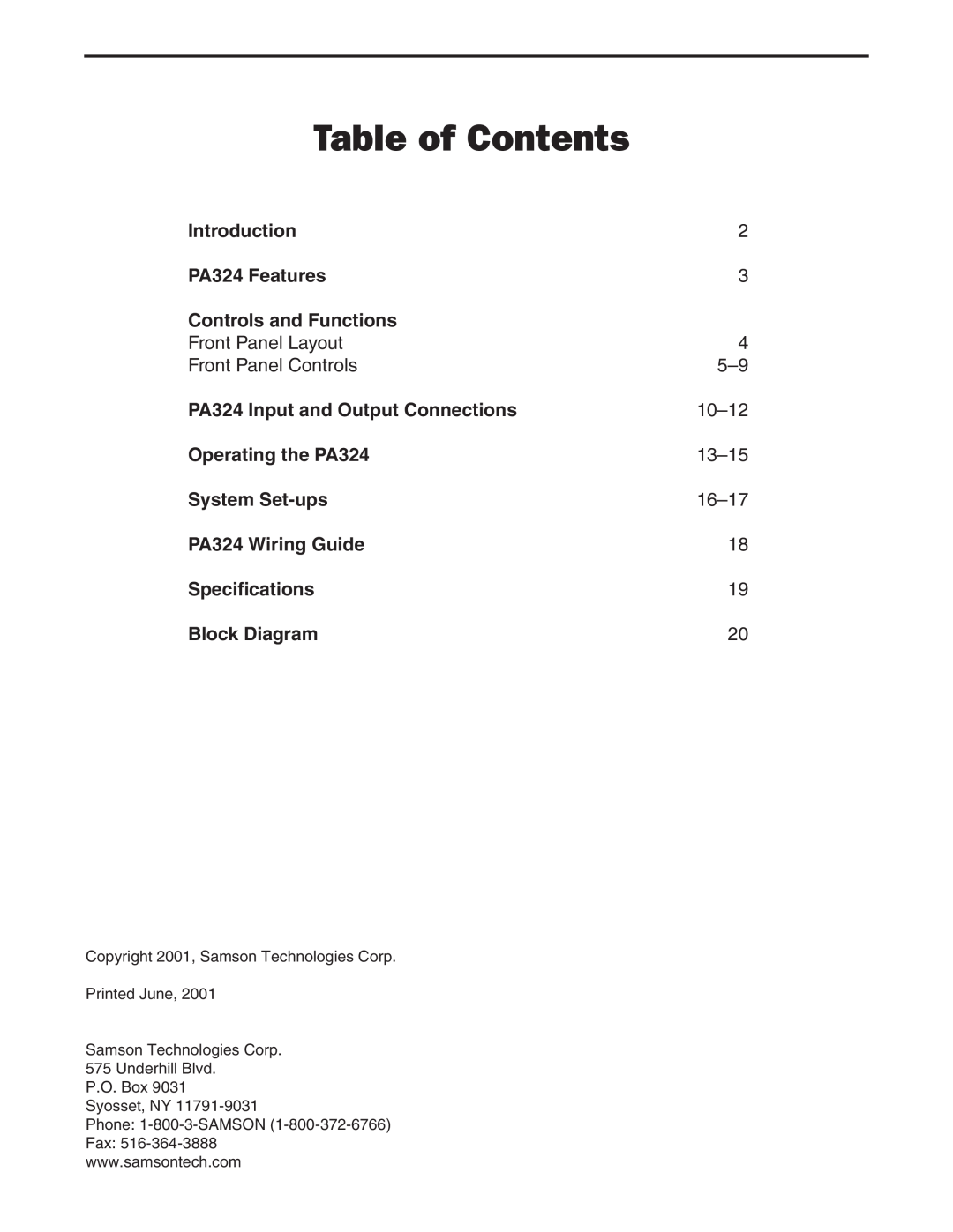 Samson Table of Contents, Introduction, PA324 Features, Controls and Functions, PA324 Input and Output Connections 