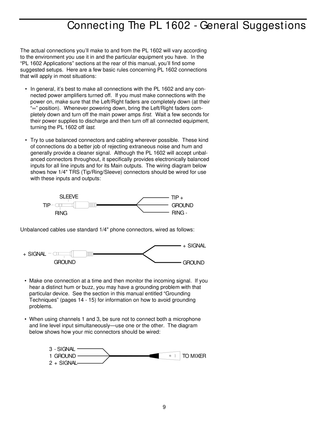 Samson PL1602 manual Connecting The PL 1602 General Suggestions, + Signal Ground 