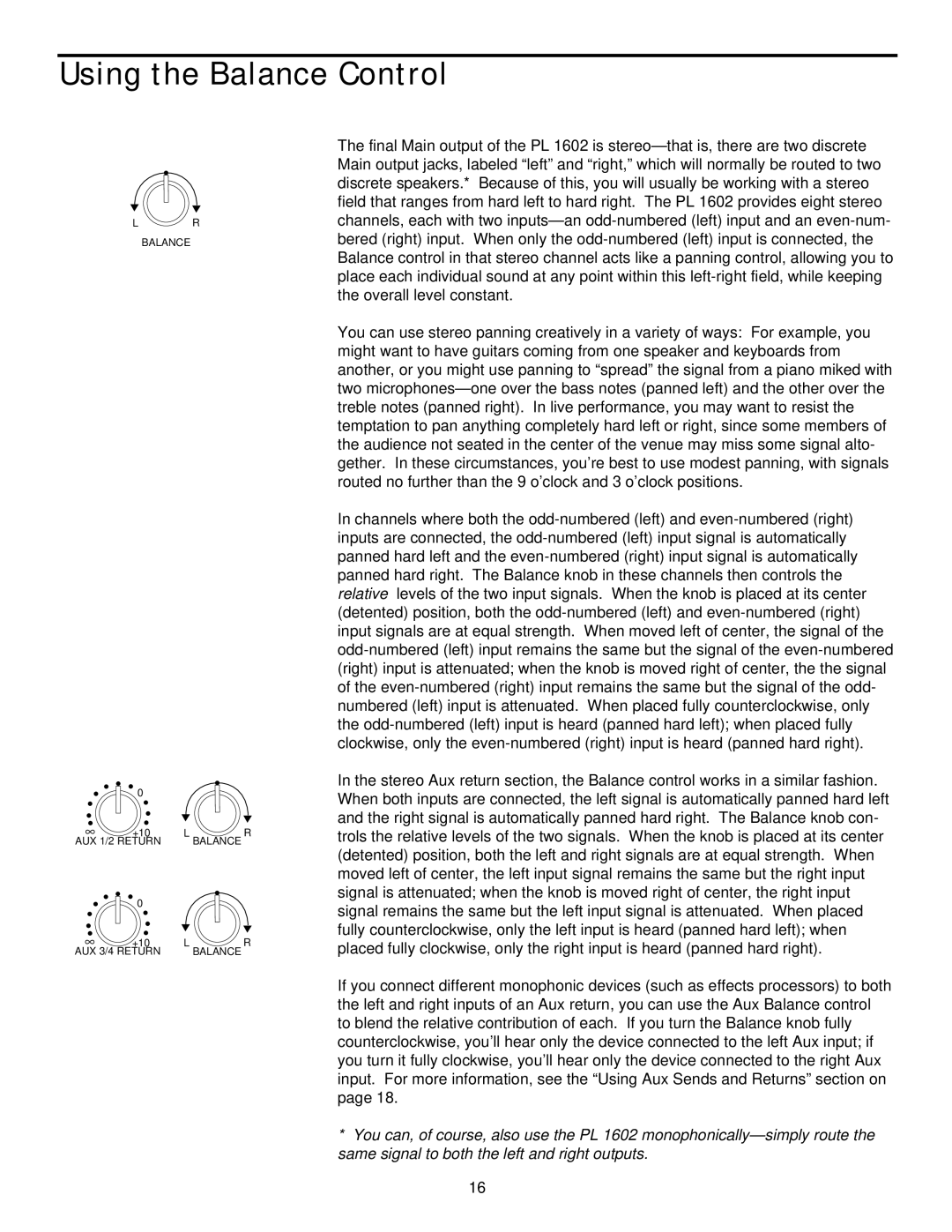 Samson PL1602 manual Using the Balance Control 
