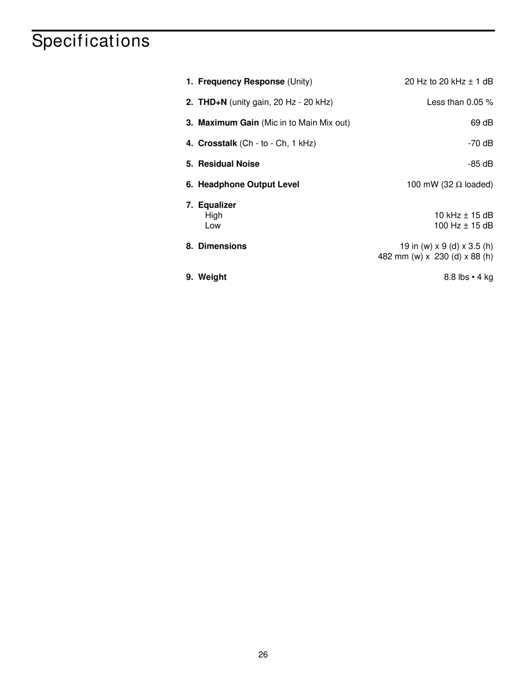 Samson PL1602 manual Specifications, Frequency Response Unity 