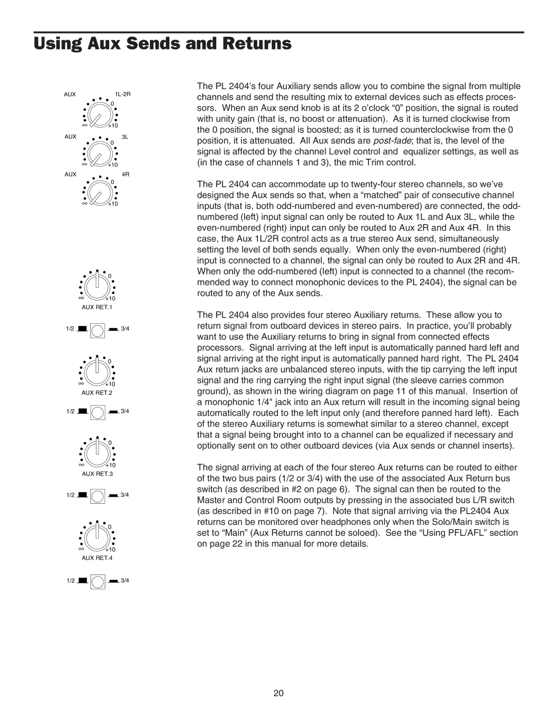 Samson PL2404 manual Using Aux Sends and Returns 