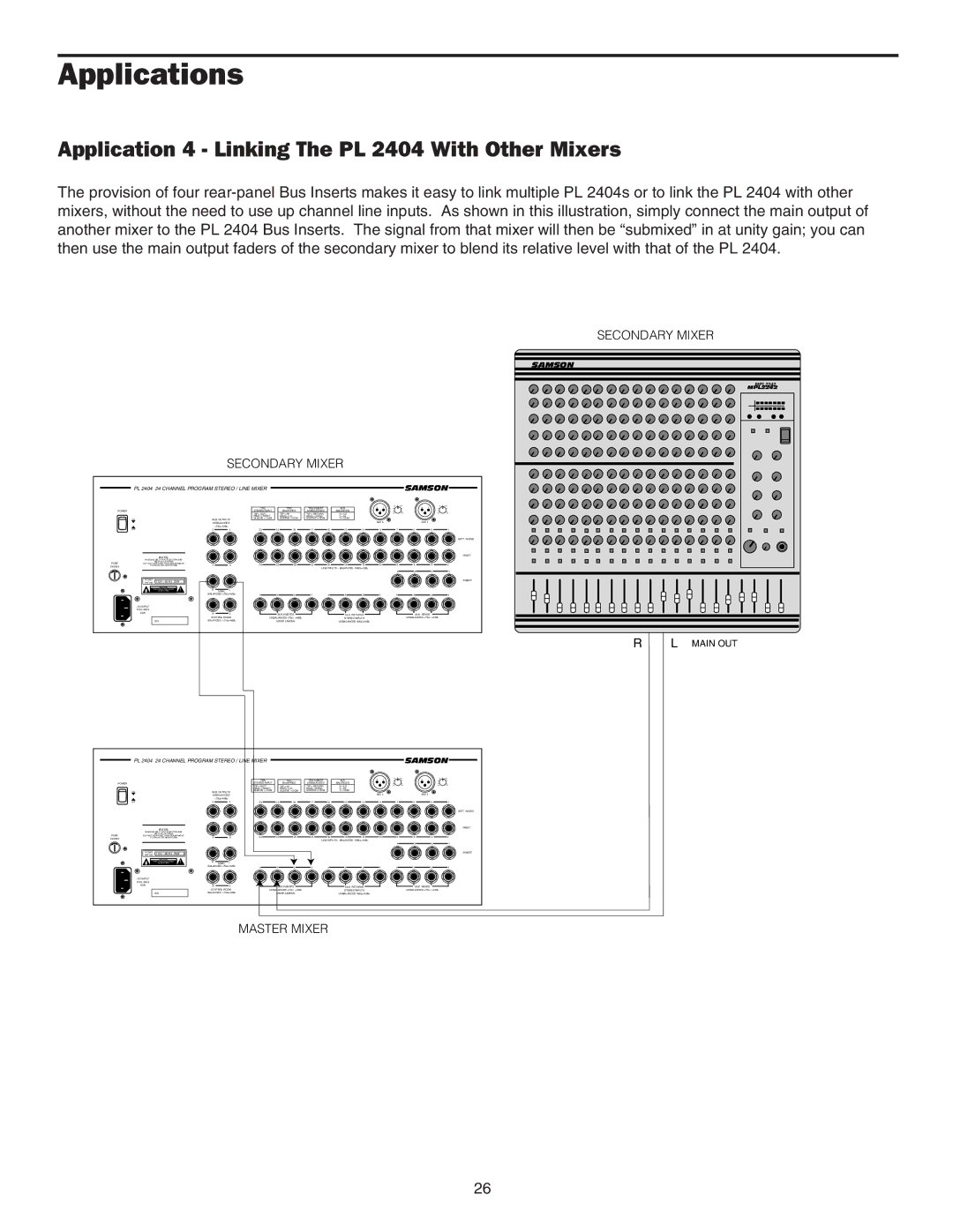 Samson PL2404 manual Application 4 Linking The PL 2404 With Other Mixers, Secondary Mixer 