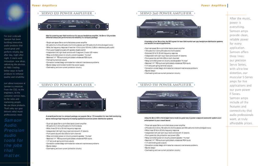 Samson Power Amplifiers manual Servo 120 Power AMPLIﬁER, Servo 170 Power AMPLIﬁER, Servo 260 Power AMPLIﬁER 