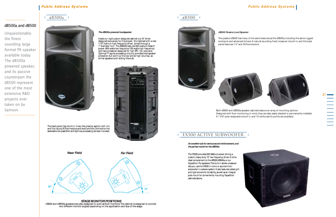 Samson Power Amplifiers manual EX500 ACTIVE SUBWOOFER, dB500a and dB500, Public Address Systems, Near Field, Far Field 