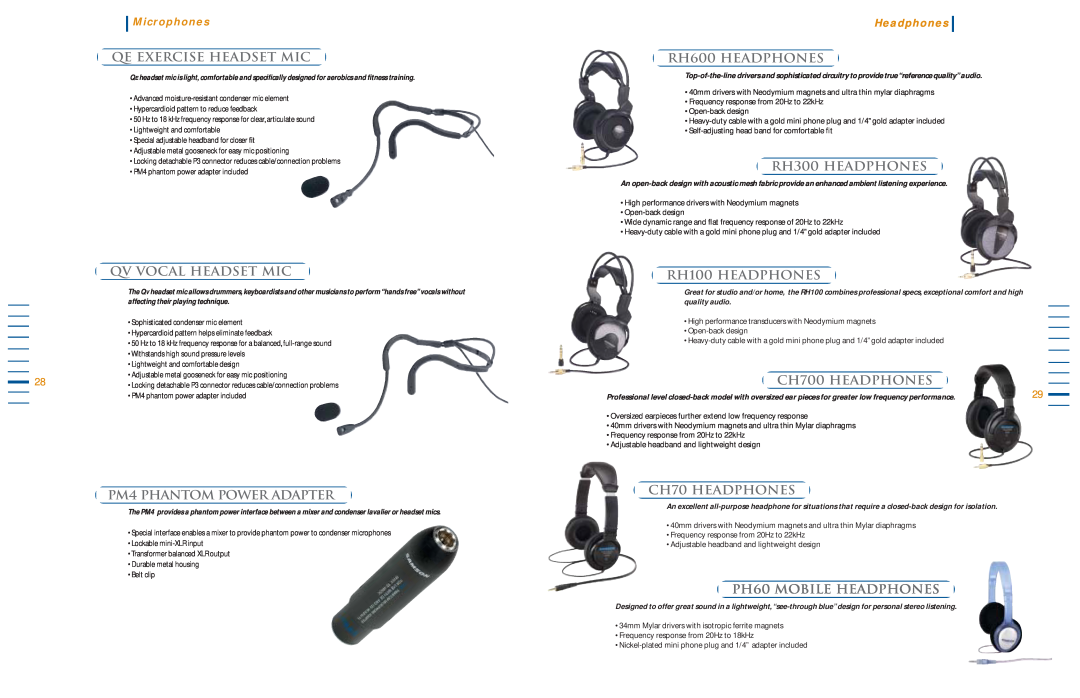 Samson Power Amplifiers manual Qe Exercise Headset Mic, Qv Vocal Headset Mic, PM4 PHANTOM POWER ADAPTER, RH600 HEADPHONES 