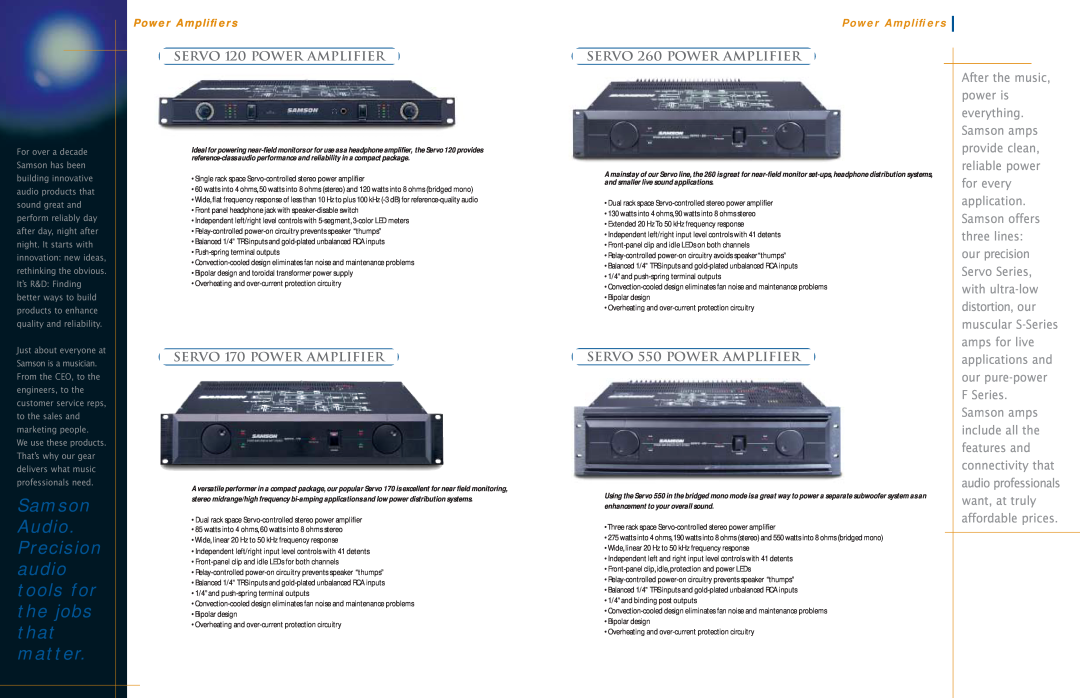 Samson Power Amplifiers manual SERVO 120 POWER AMPLIﬁER, SERVO 170 POWER AMPLIﬁER, SERVO 260 POWER AMPLIﬁER, Samson 