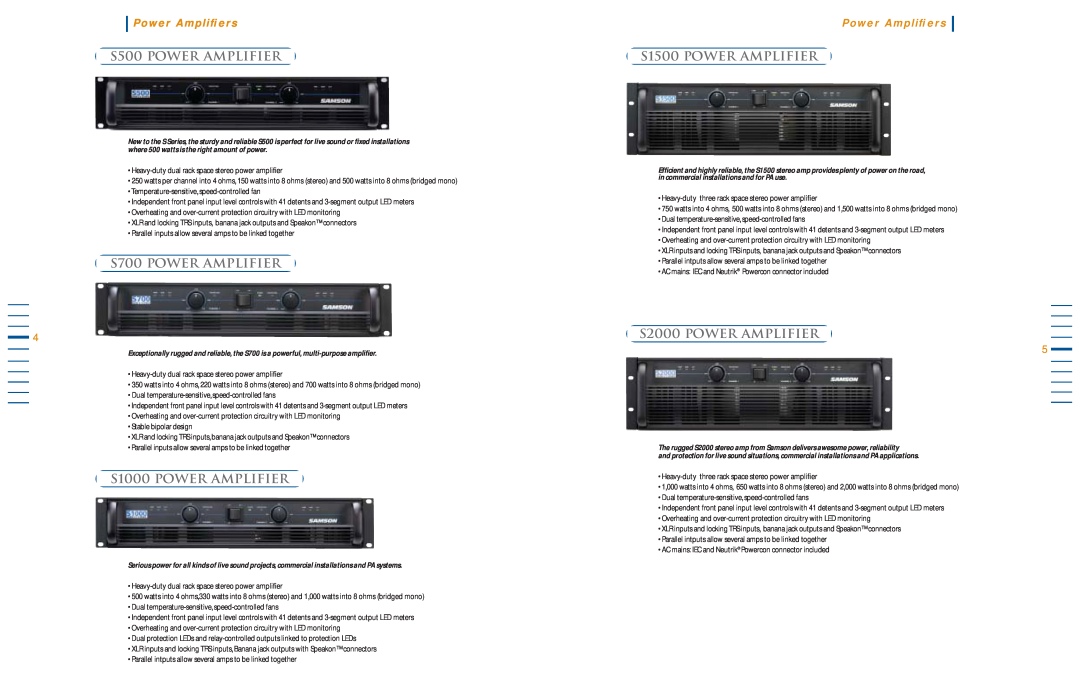 Samson Power Amplifiers manual S500 POWER AMPLIﬁER, S700 POWER AMPLIﬁER, S1000 POWER AMPLIﬁER, S1500 POWER AMPLIﬁER 