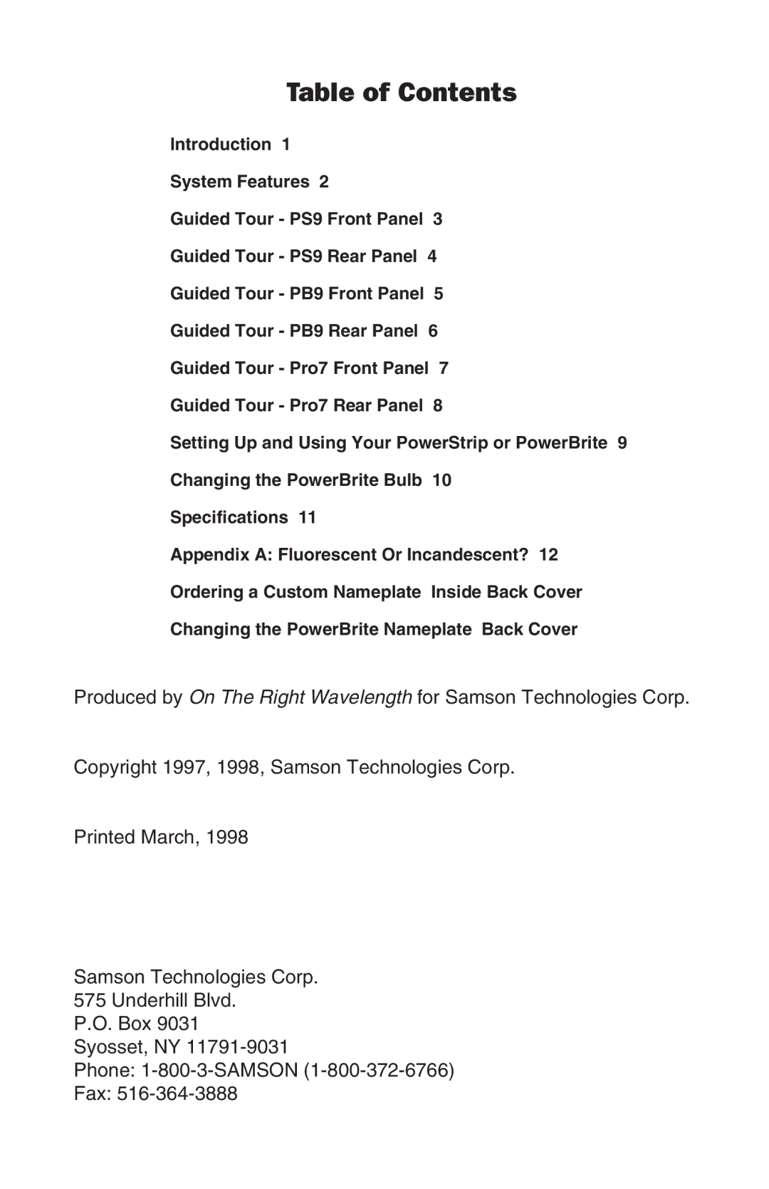 Samson PowerBrite Pro7 owner manual Table of Contents 