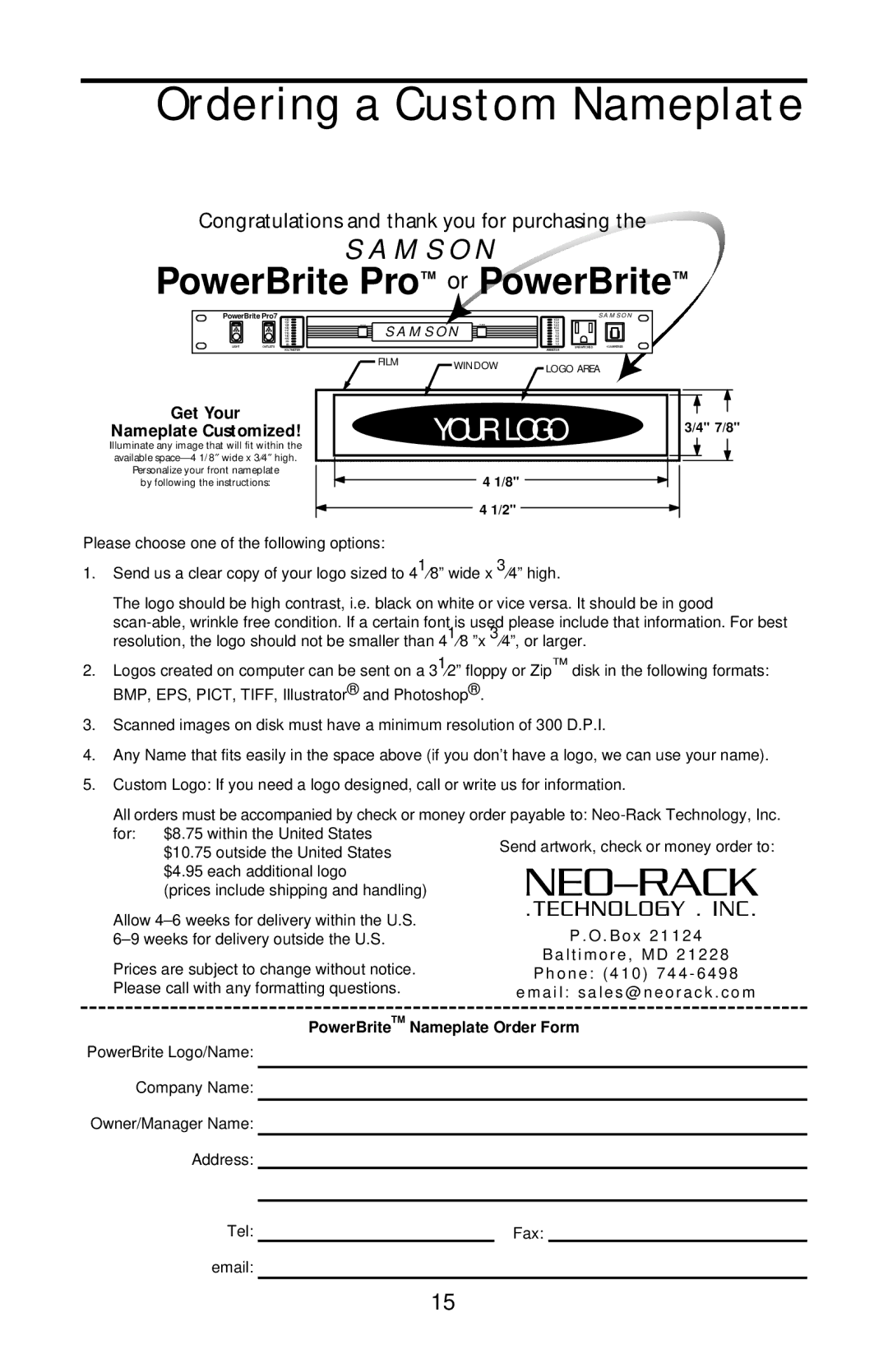 Samson PS9, PB9, PBPRO7 owner manual Ordering a Custom Nameplate, PowerBrite Pro or PowerBrite 