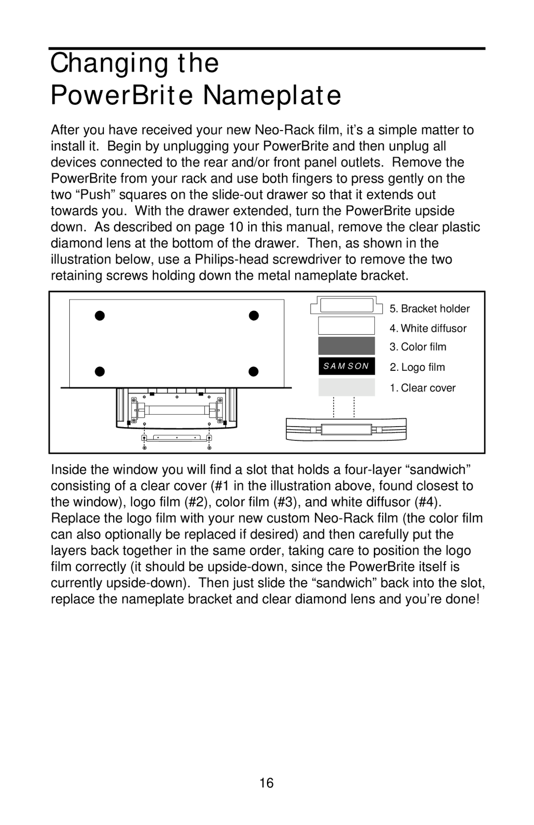 Samson PB9, PS9, PBPRO7 owner manual Changing PowerBrite Nameplate 